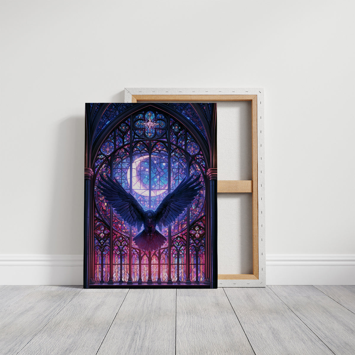Wings Behind the Stained Pane, a raven with spread wings silhouetted against a crescent moon in a violet stained glass window, painted in indigo, plum and pale moon silver, on a gallery canvas with wrapped edges leaning against a white wall