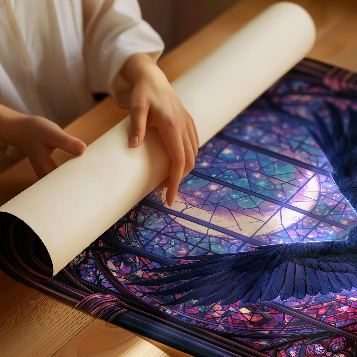 Wings Behind the Stained Pane, a raven with spread wings silhouetted against a crescent moon in a violet stained glass window, painted in indigo, plum and pale moon silver, as a matte poster, unframed