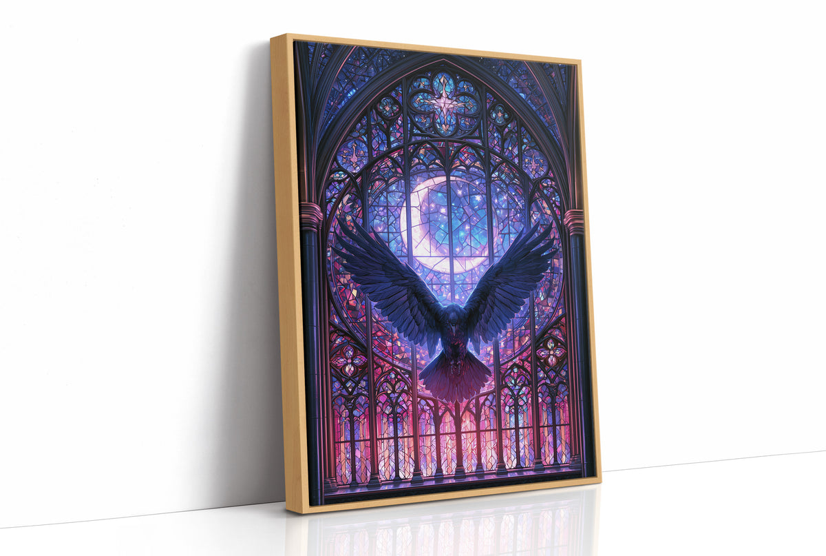 Wings Behind the Stained Pane, a raven with spread wings silhouetted against a crescent moon in a violet stained glass window, painted in indigo, plum and pale moon silver, as a framed canvas in a natural wood frame