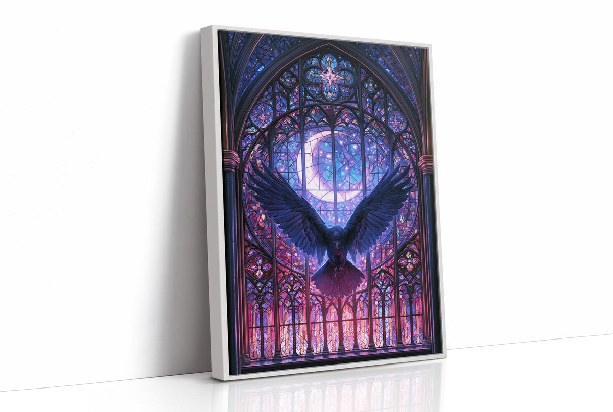 Wings Behind the Stained Pane, a raven with spread wings silhouetted against a crescent moon in a violet stained glass window, painted in indigo, plum and pale moon silver, as a framed canvas in a white frame