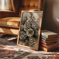 Winter Keeps Its Pine Cones, a cluster of pine cones on soft evergreen boughs, drawn in sepia, sage gray and warm bone with a natural history detail, in a wood frame on a rug beside a leather armchair and a stack of books
