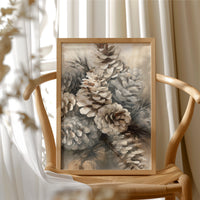 Winter Keeps Its Pine Cones, a cluster of pine cones on soft evergreen boughs, drawn in sepia, sage gray and warm bone with a natural history detail, in a wood frame beside a wicker chair by a sunny window