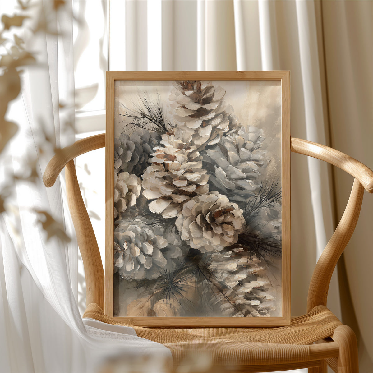 Winter Keeps Its Pine Cones, a cluster of pine cones on soft evergreen boughs, drawn in sepia, sage gray and warm bone with a natural history detail, in a wood frame beside a wicker chair by a sunny window