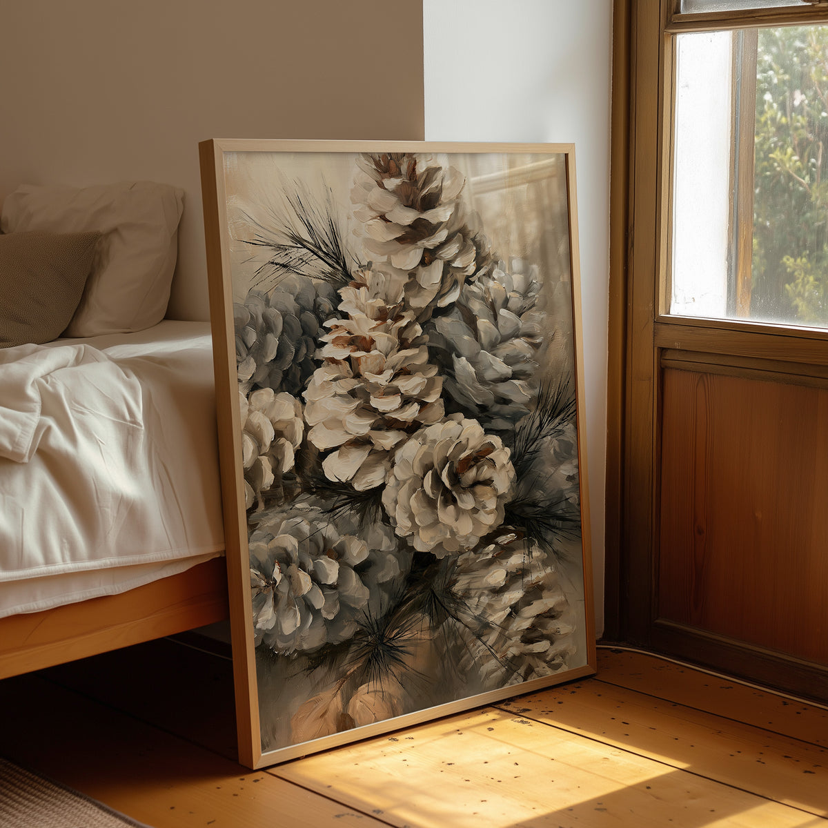 Winter Keeps Its Pine Cones, a cluster of pine cones on soft evergreen boughs, drawn in sepia, sage gray and warm bone with a natural history detail, leaning on a wood floor in a bedroom beside white linen bedding