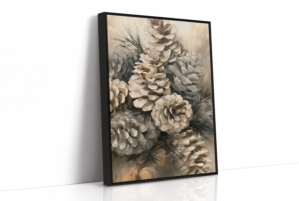 Winter Keeps Its Pine Cones, a cluster of pine cones on soft evergreen boughs, drawn in sepia, sage gray and warm bone with a natural history detail, as a framed canvas in a black frame