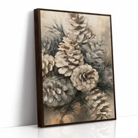 Winter Keeps Its Pine Cones, a cluster of pine cones on soft evergreen boughs, drawn in sepia, sage gray and warm bone with a natural history detail, as a framed canvas in a brown frame