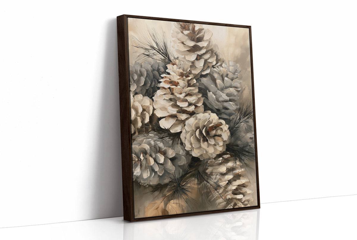 Winter Keeps Its Pine Cones, a cluster of pine cones on soft evergreen boughs, drawn in sepia, sage gray and warm bone with a natural history detail, as a framed canvas in a brown frame
