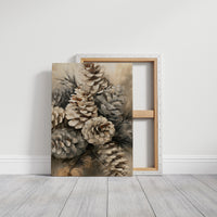 Winter Keeps Its Pine Cones, a cluster of pine cones on soft evergreen boughs, drawn in sepia, sage gray and warm bone with a natural history detail, on a gallery canvas with wrapped edges leaning against a white wall