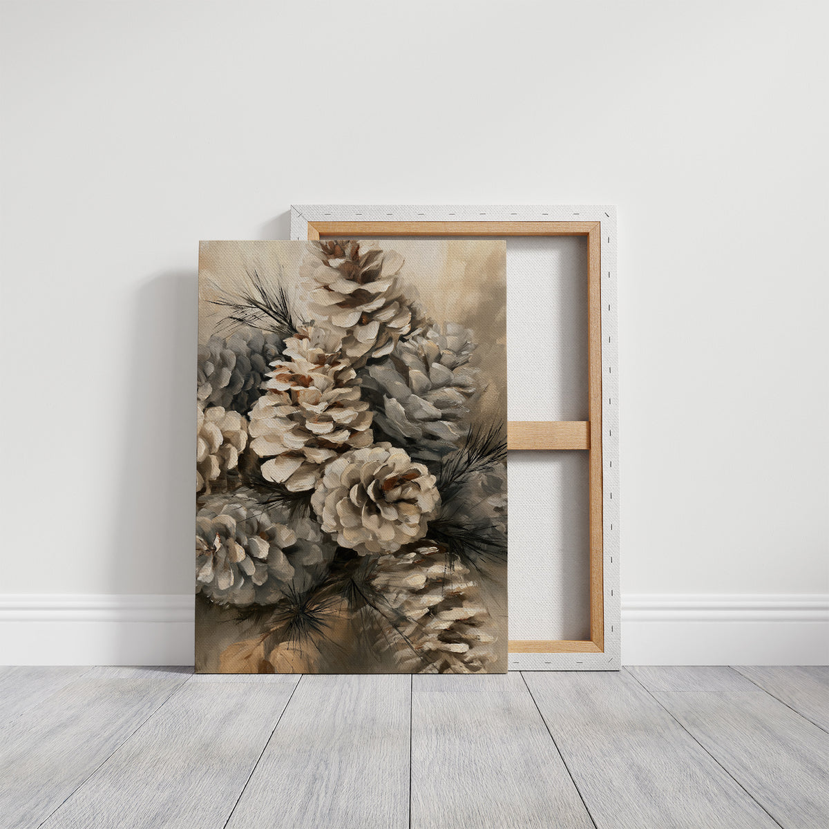Winter Keeps Its Pine Cones, a cluster of pine cones on soft evergreen boughs, drawn in sepia, sage gray and warm bone with a natural history detail, on a gallery canvas with wrapped edges leaning against a white wall