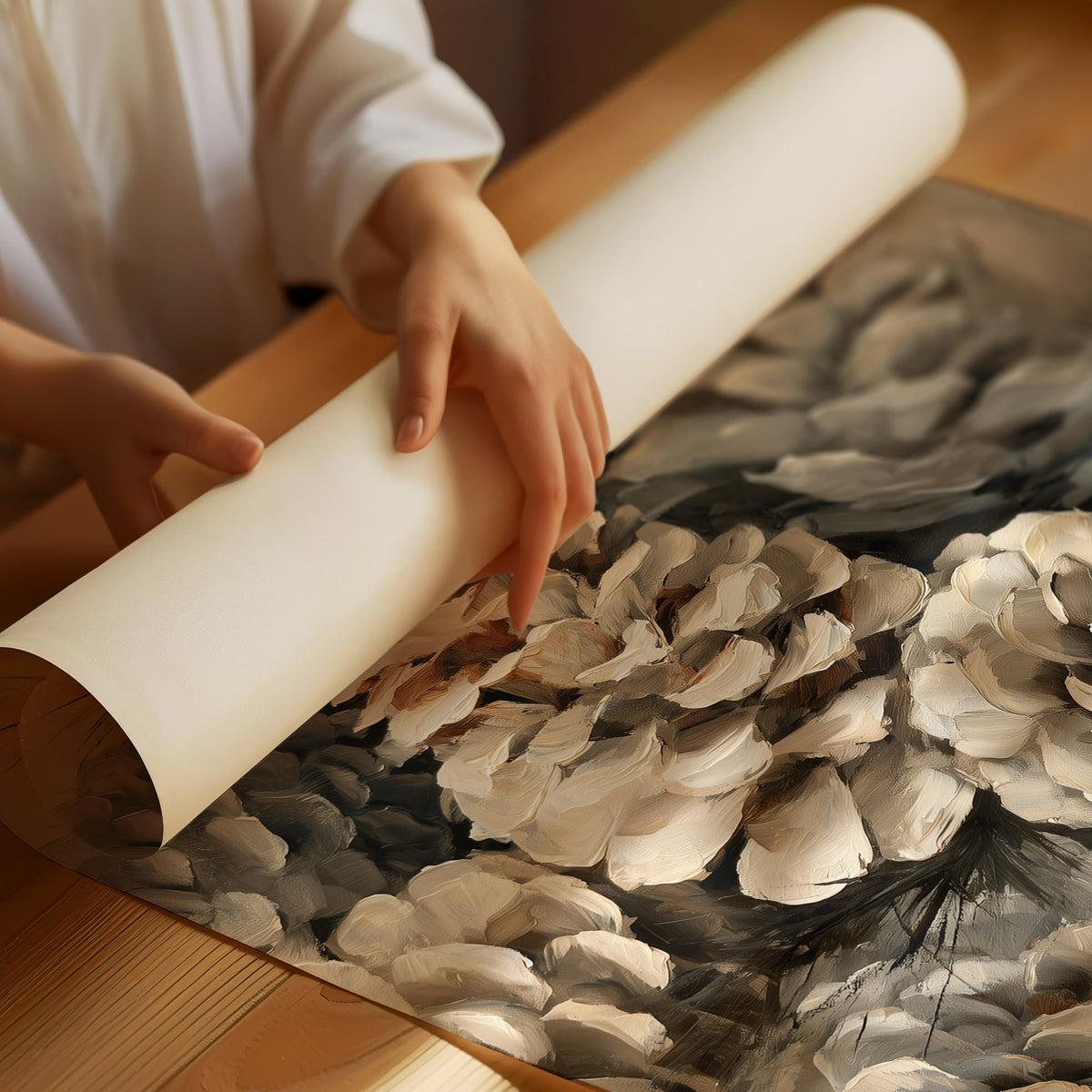 Winter Keeps Its Pine Cones, a cluster of pine cones on soft evergreen boughs, drawn in sepia, sage gray and warm bone with a natural history detail, as a matte poster, unframed