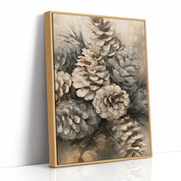 Winter Keeps Its Pine Cones, a cluster of pine cones on soft evergreen boughs, drawn in sepia, sage gray and warm bone with a natural history detail, as a framed canvas in a natural wood frame