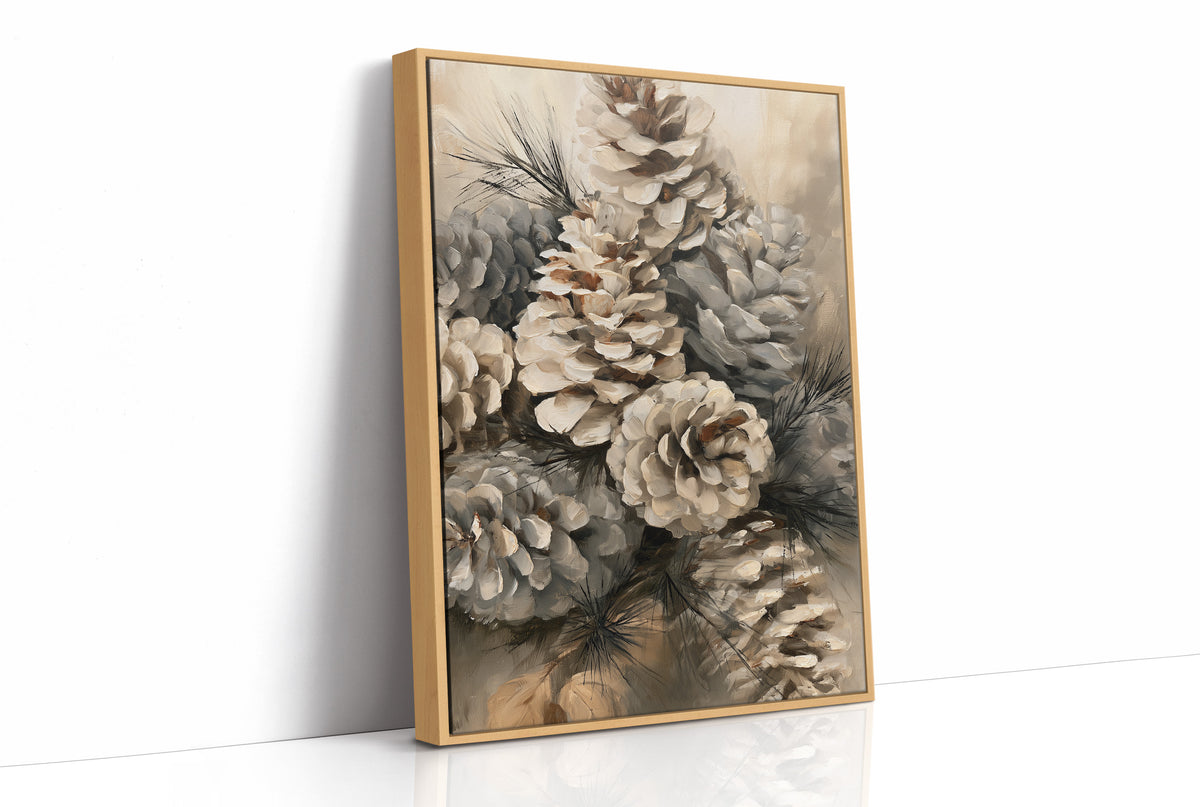 Winter Keeps Its Pine Cones, a cluster of pine cones on soft evergreen boughs, drawn in sepia, sage gray and warm bone with a natural history detail, as a framed canvas in a natural wood frame