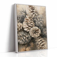 Winter Keeps Its Pine Cones, a cluster of pine cones on soft evergreen boughs, drawn in sepia, sage gray and warm bone with a natural history detail, as a framed canvas in a white frame
