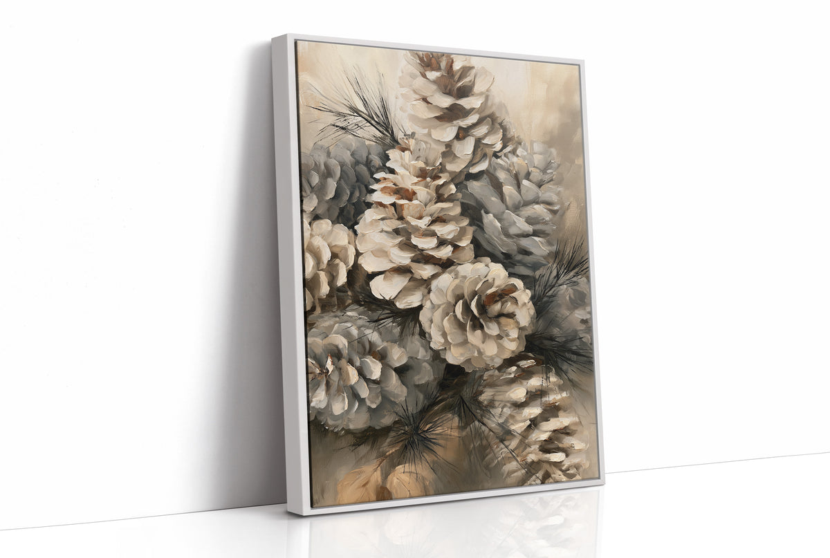 Winter Keeps Its Pine Cones, a cluster of pine cones on soft evergreen boughs, drawn in sepia, sage gray and warm bone with a natural history detail, as a framed canvas in a white frame