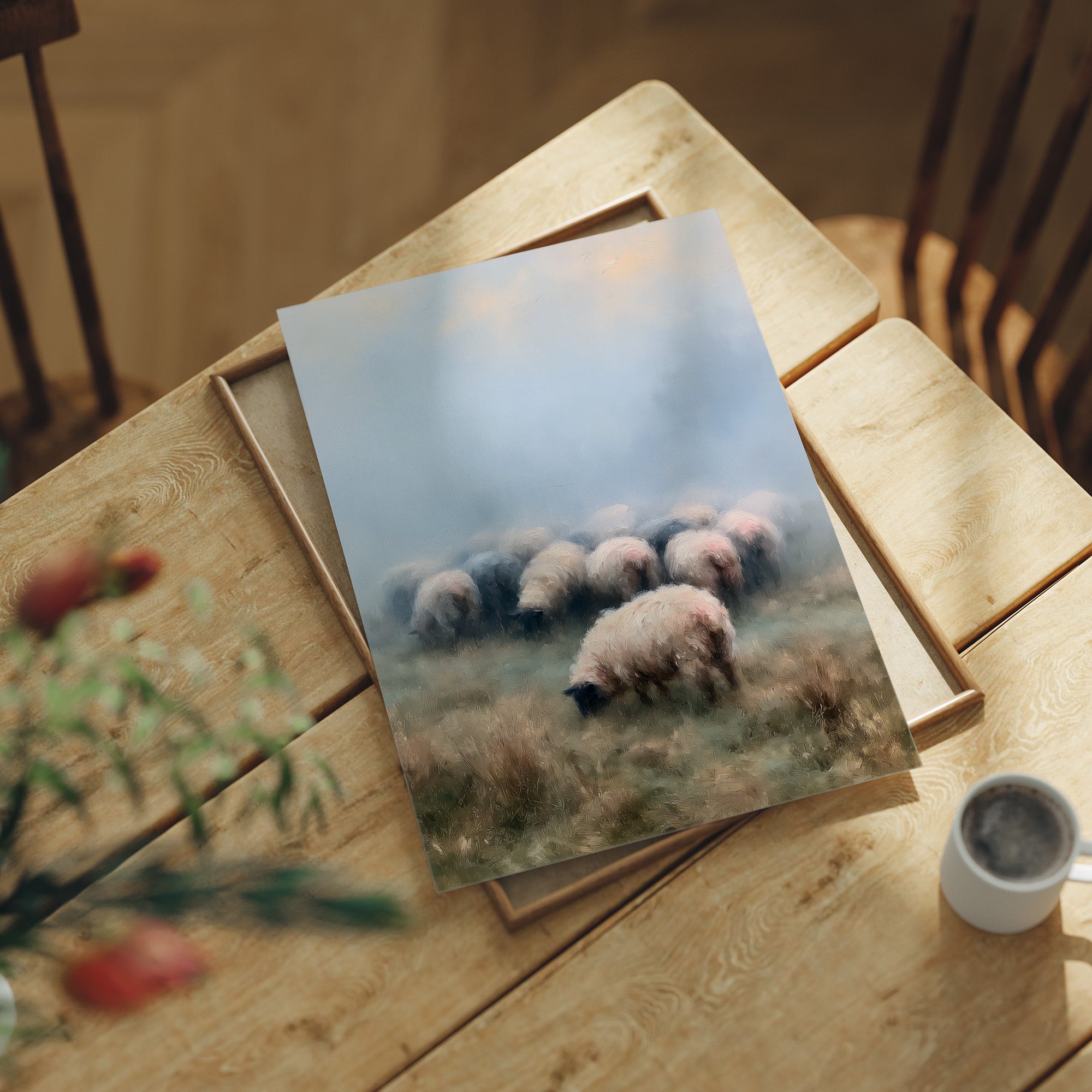 Sheep Grazing in Morning Mist