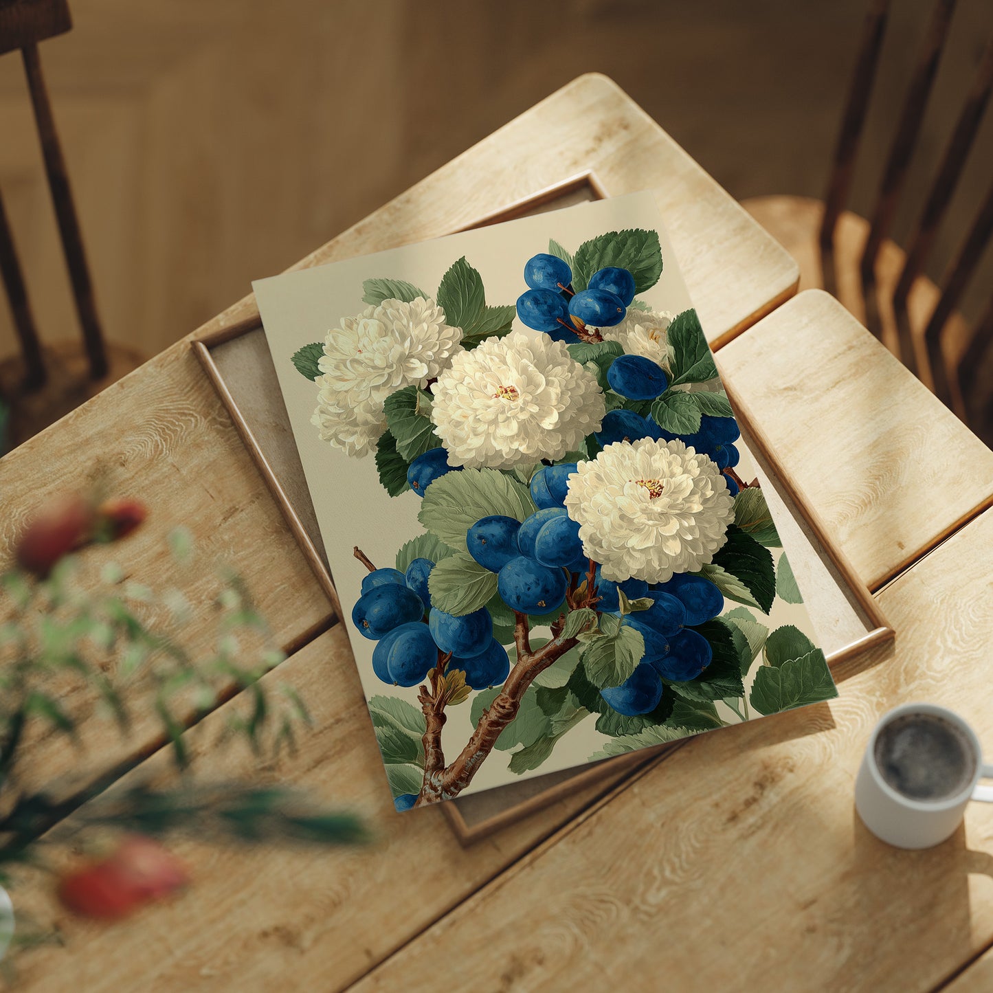 Cream Blossoms Among the Blue Plums