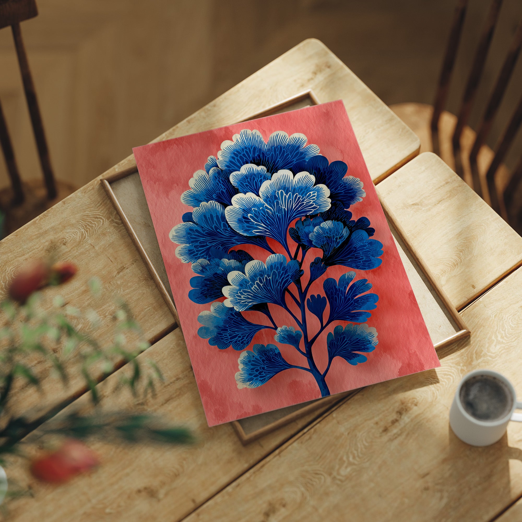 Blue Blooms on a Coral Wall