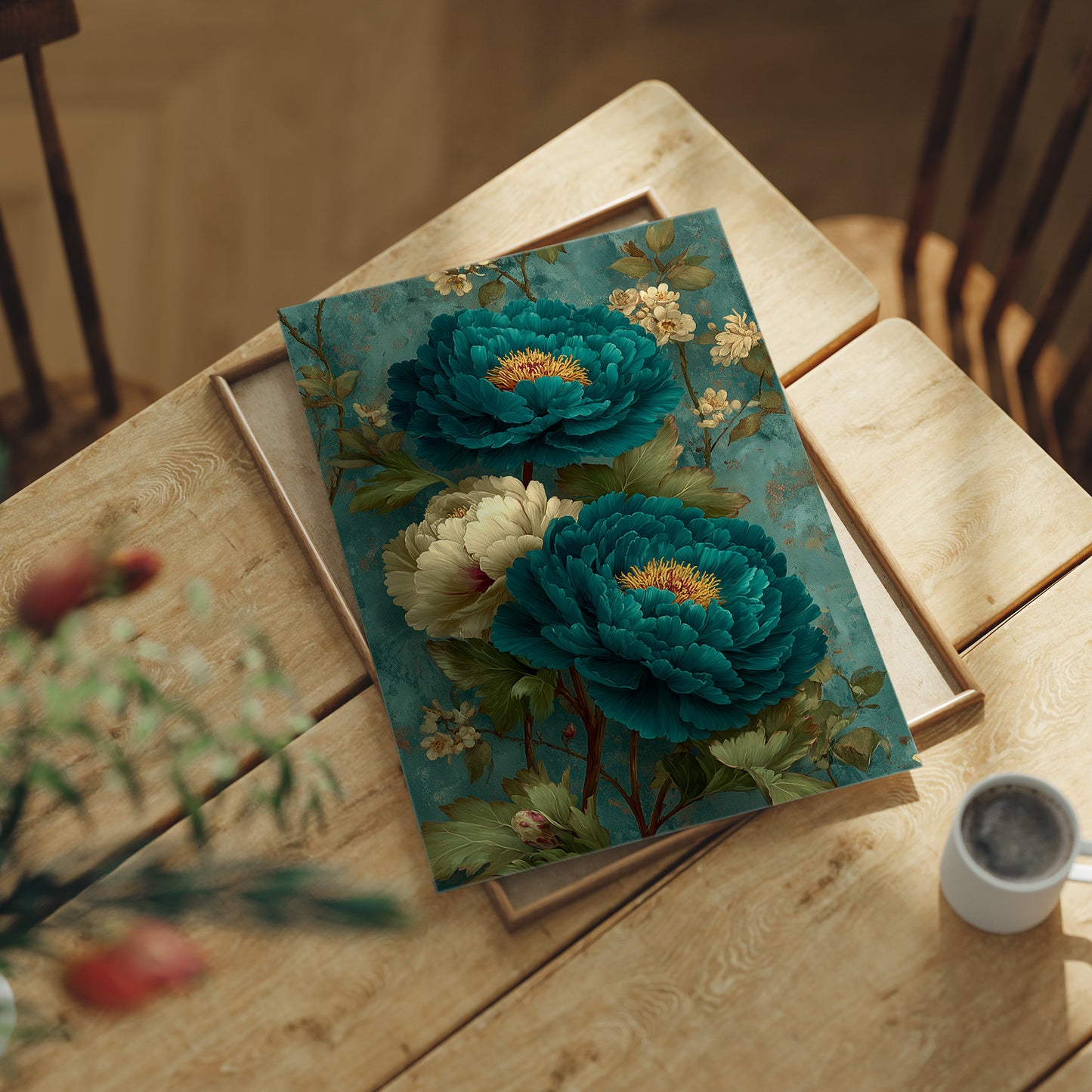 Teal Peonies on a Weathered Wall