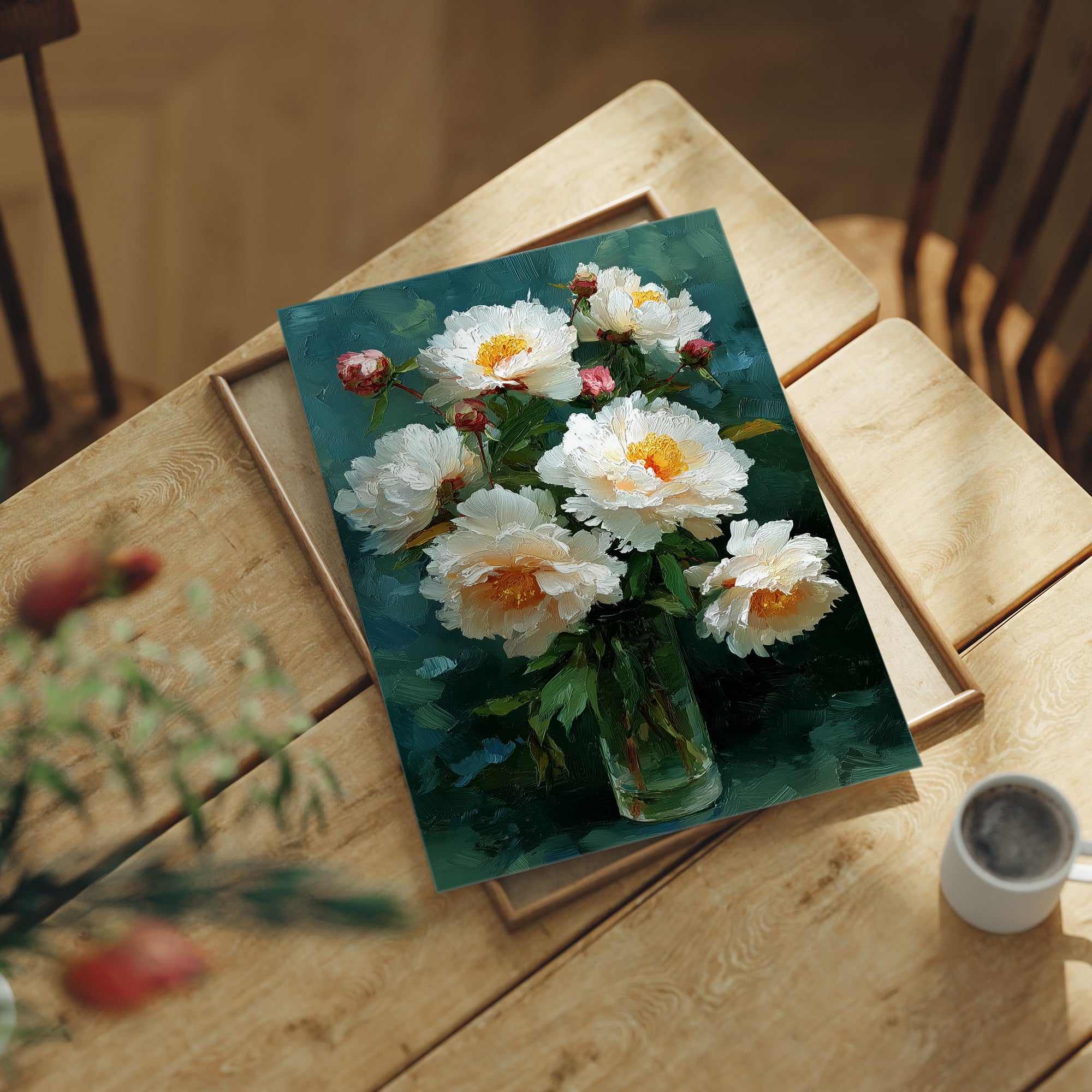 White Peonies in a Glass at Dusk