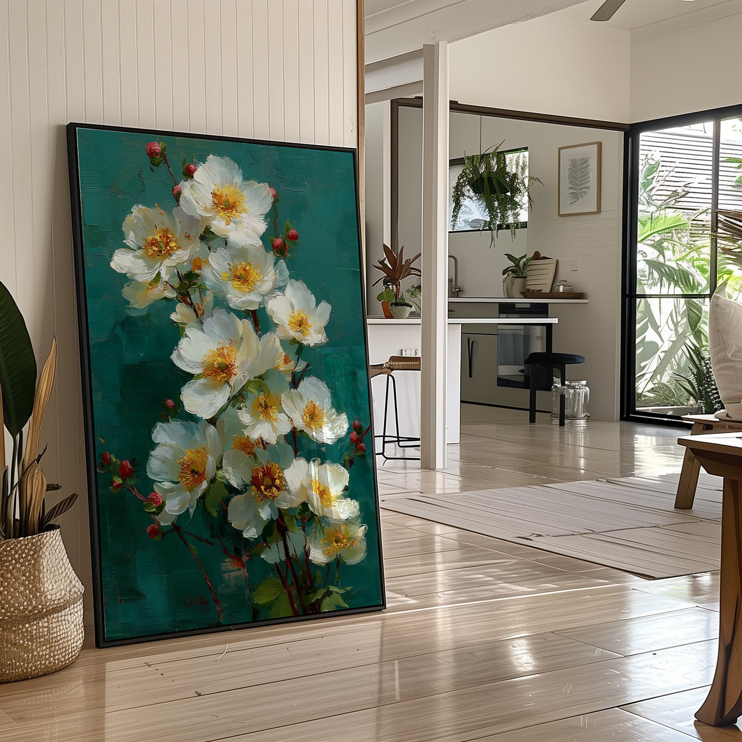 White Blooms Against Teal