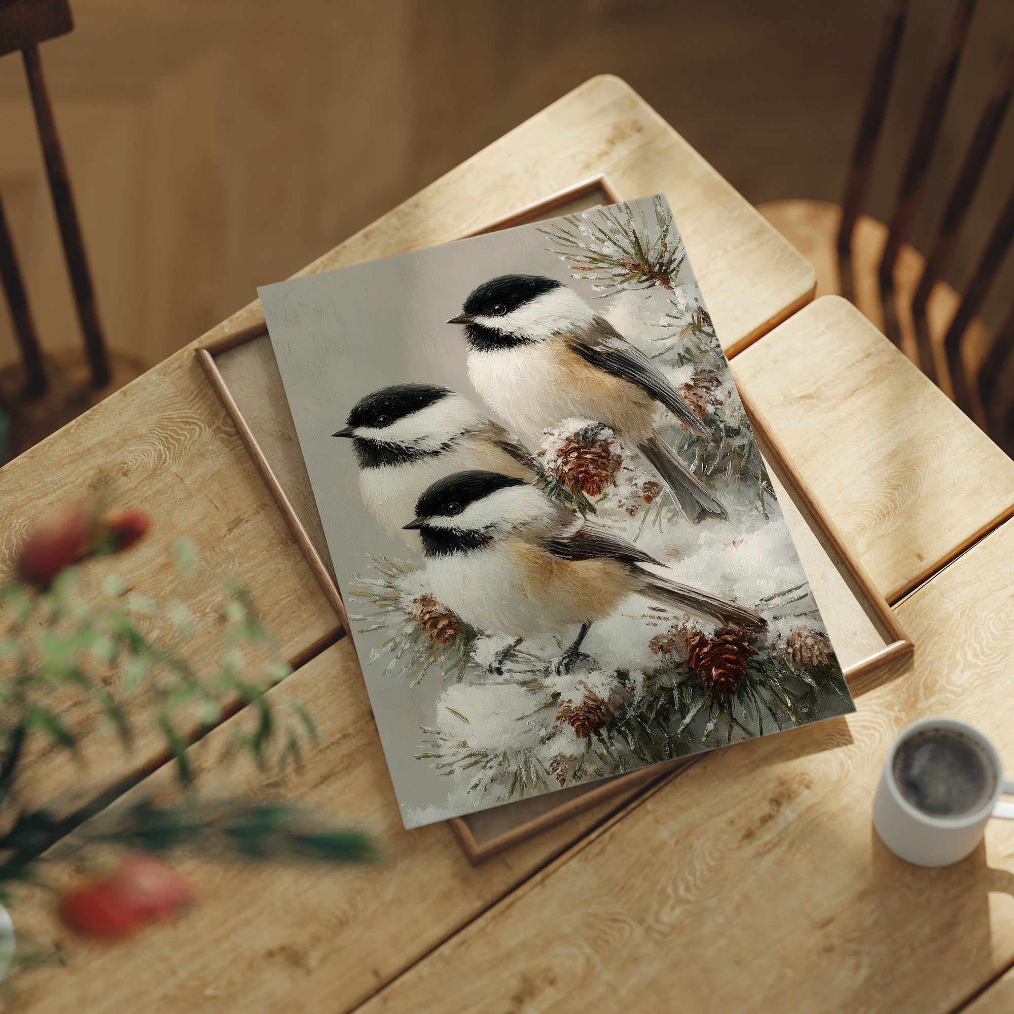 Chickadees on Frosted Pine