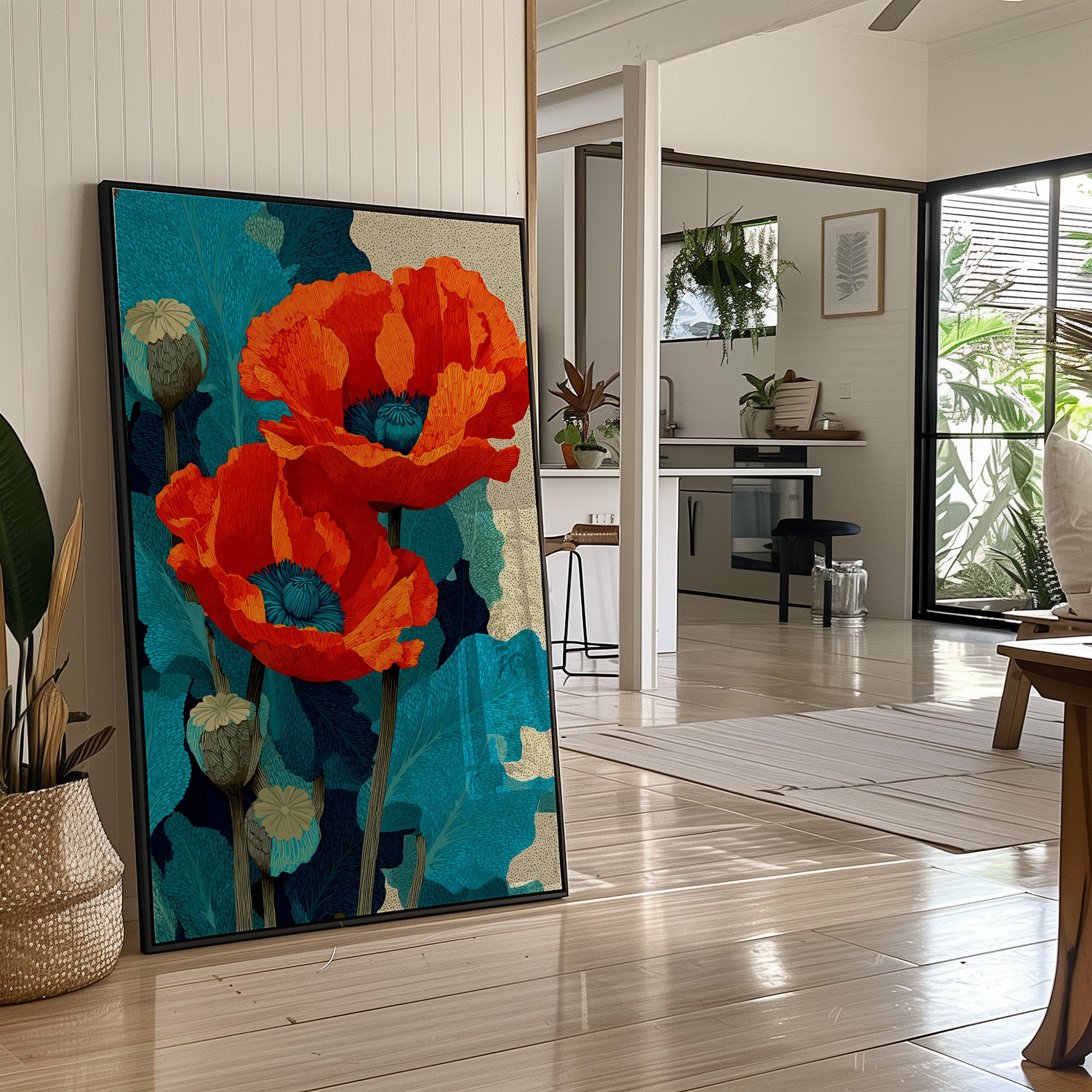 Poppies on Teal and Dust
