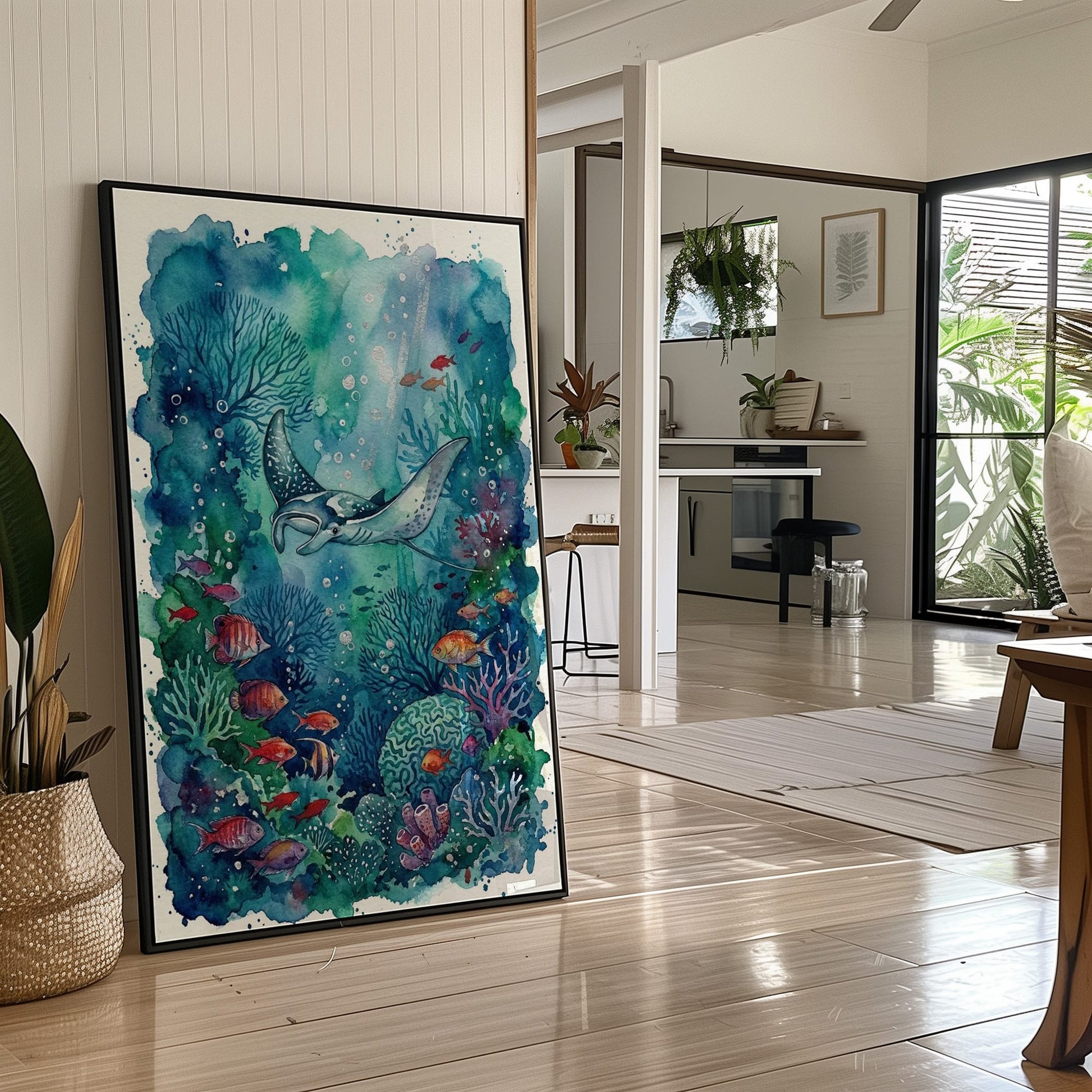 Silent Glide: Watercolor Manta Ray Reef Scene