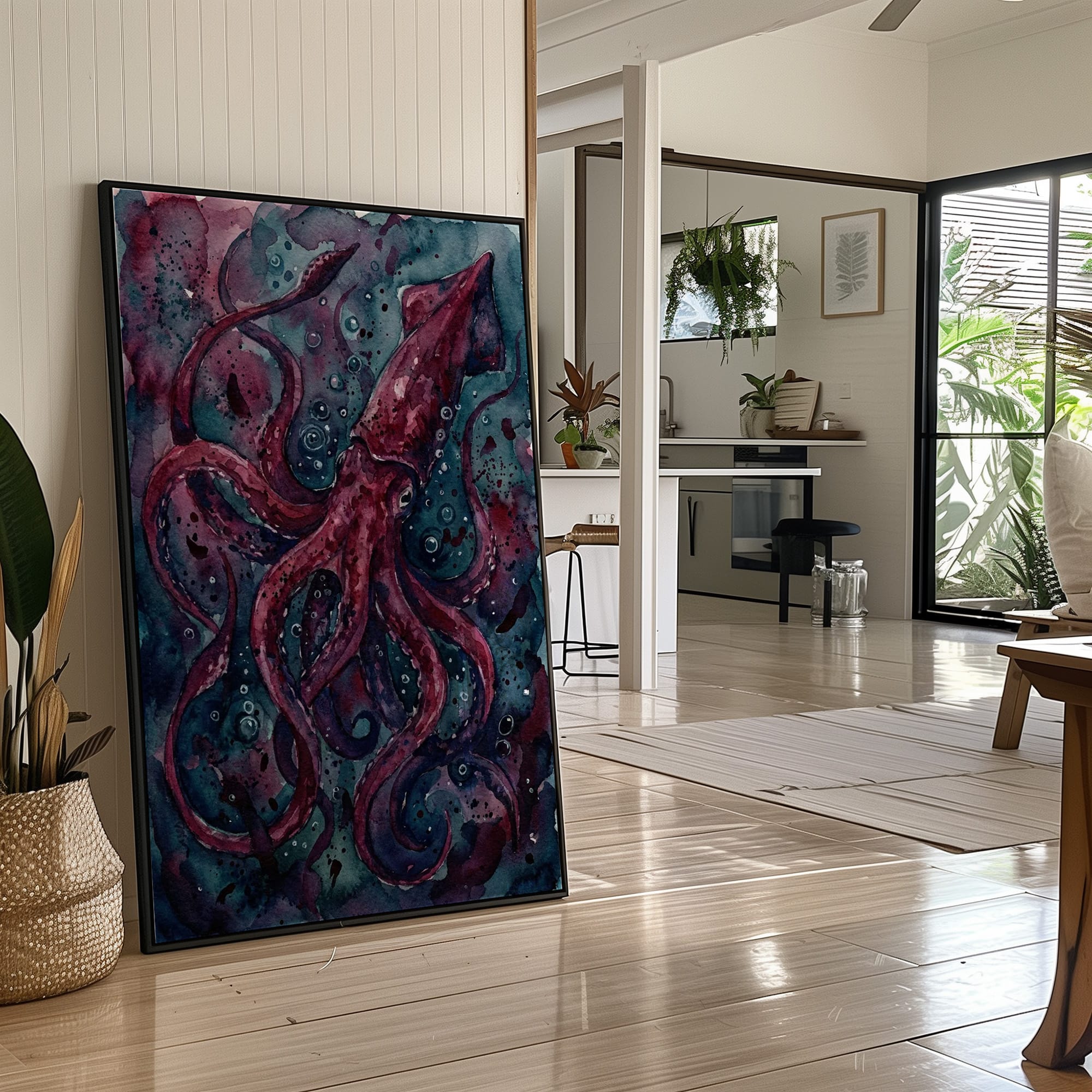Crimson Depths: Watercolor Giant Squid Study