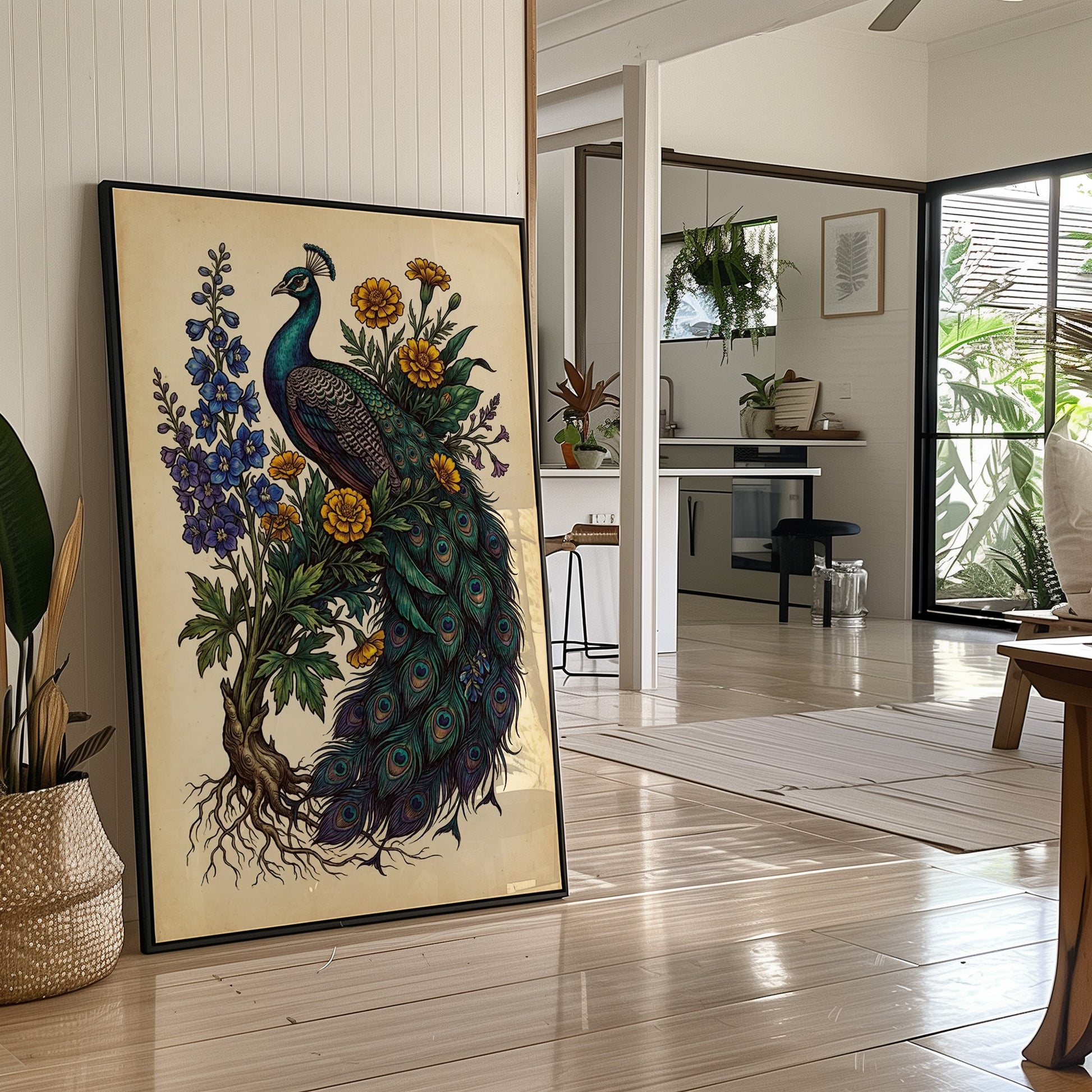 Peacock and Marigolds