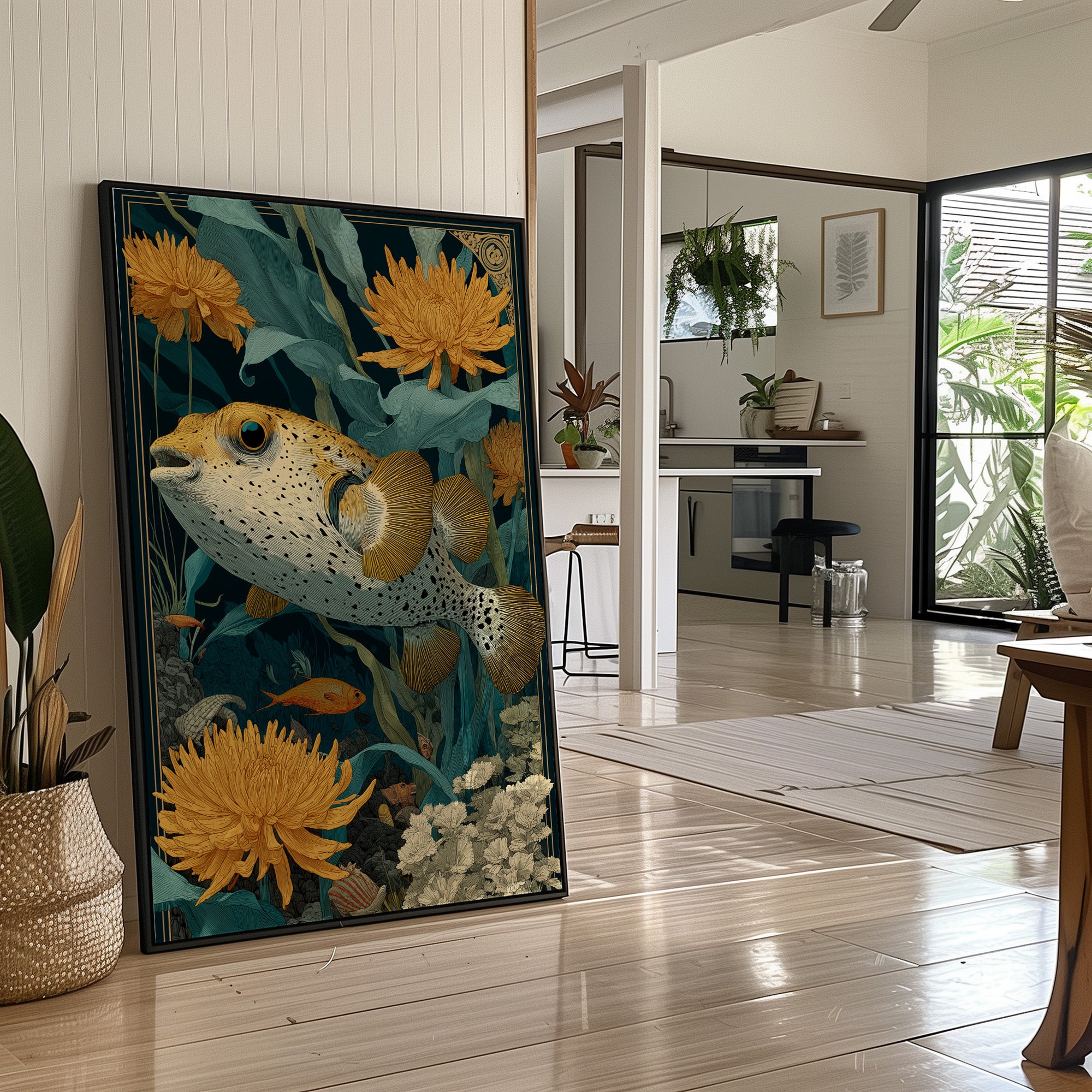 Pufferfish Among Chrysanthemums
