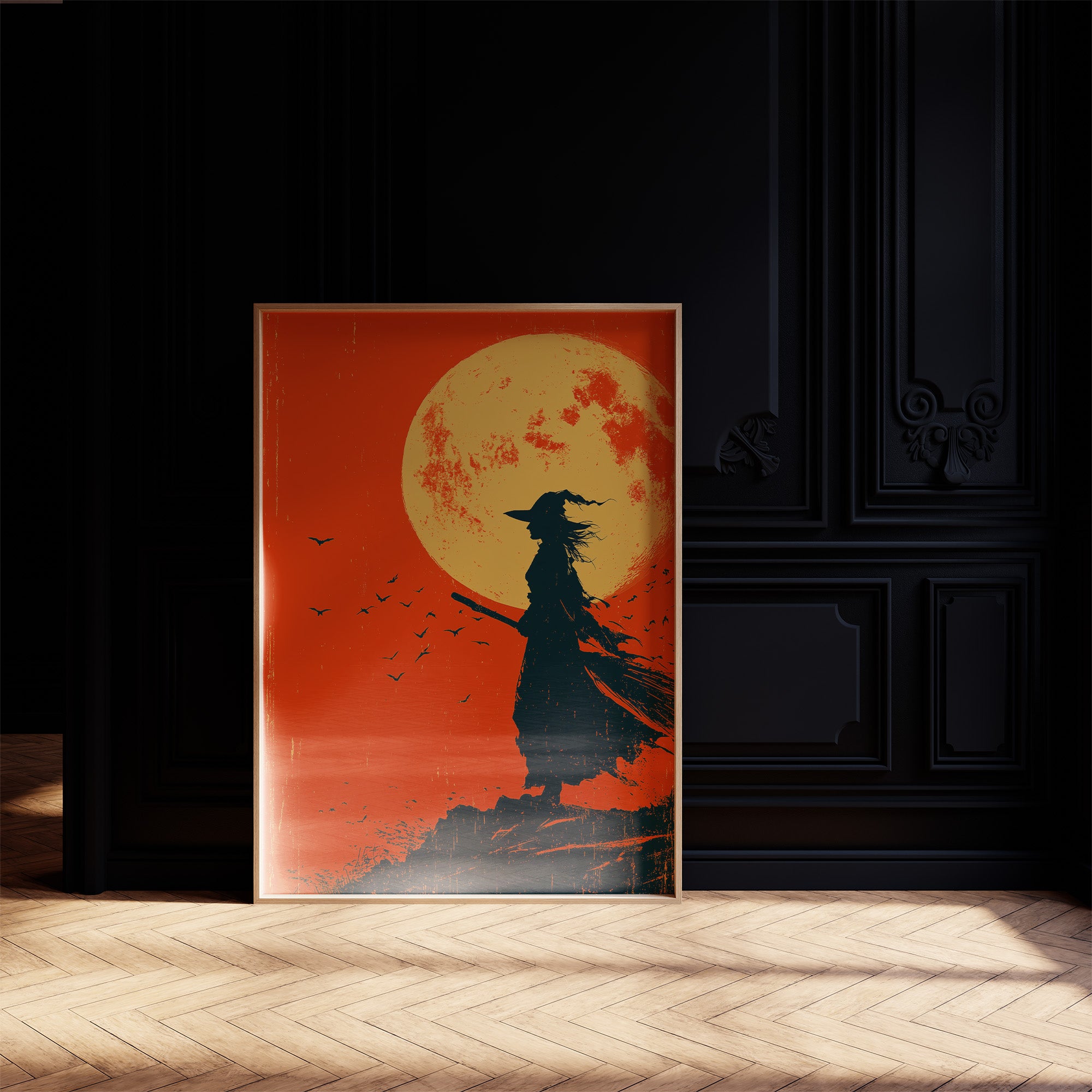Silhouette Beneath the Amber Moon