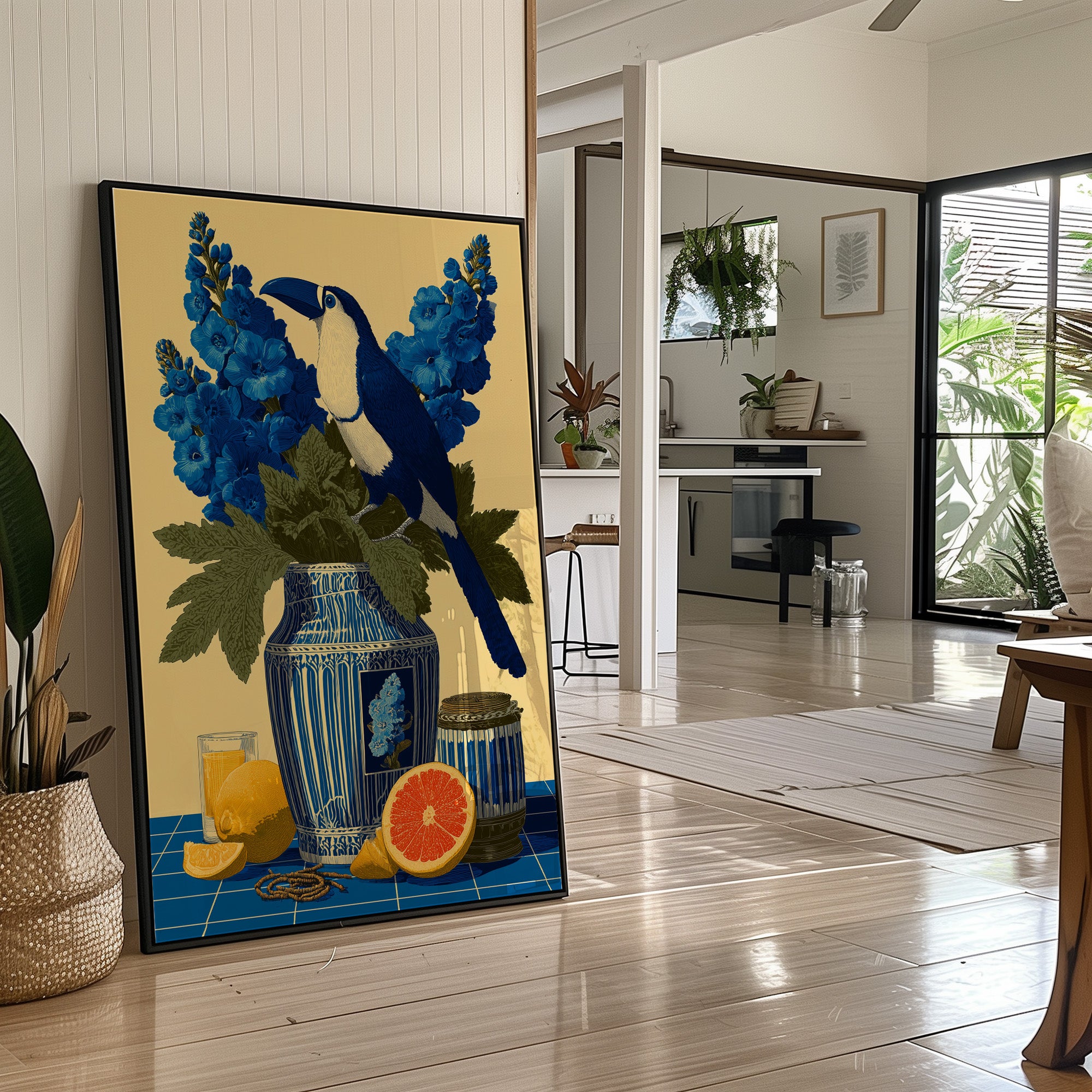 Toucan and Blue Delphiniums