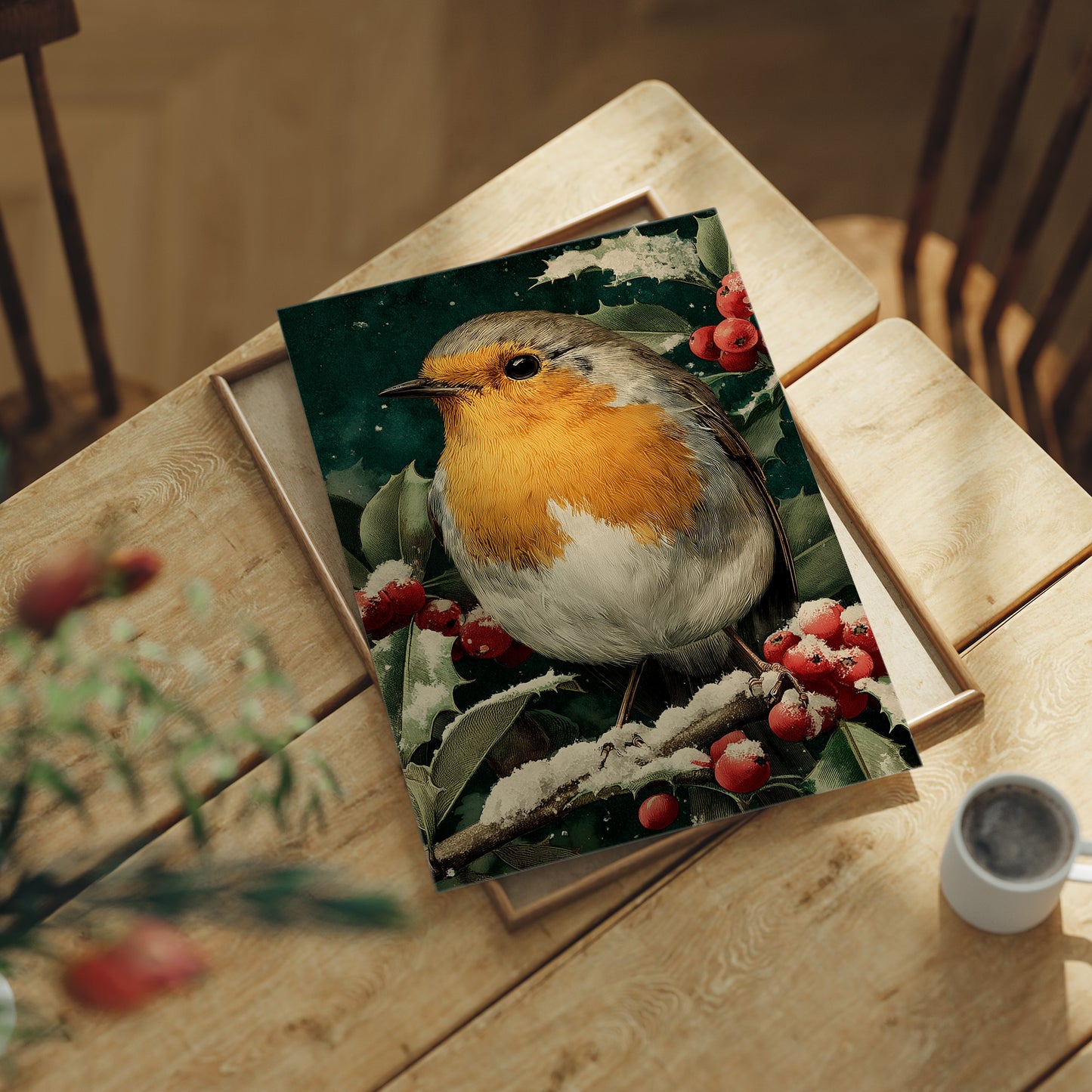Robin in the Holly Snow