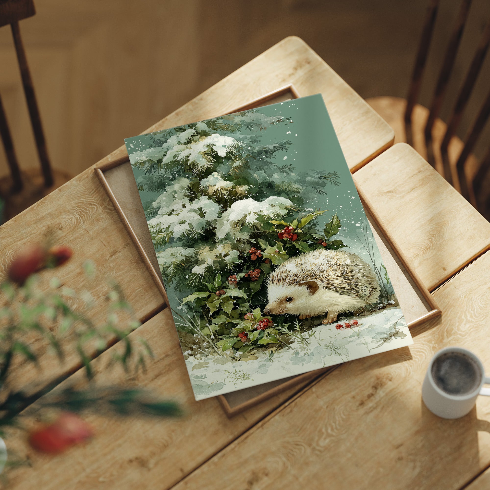 Hedgehog Beneath Snowy Pine