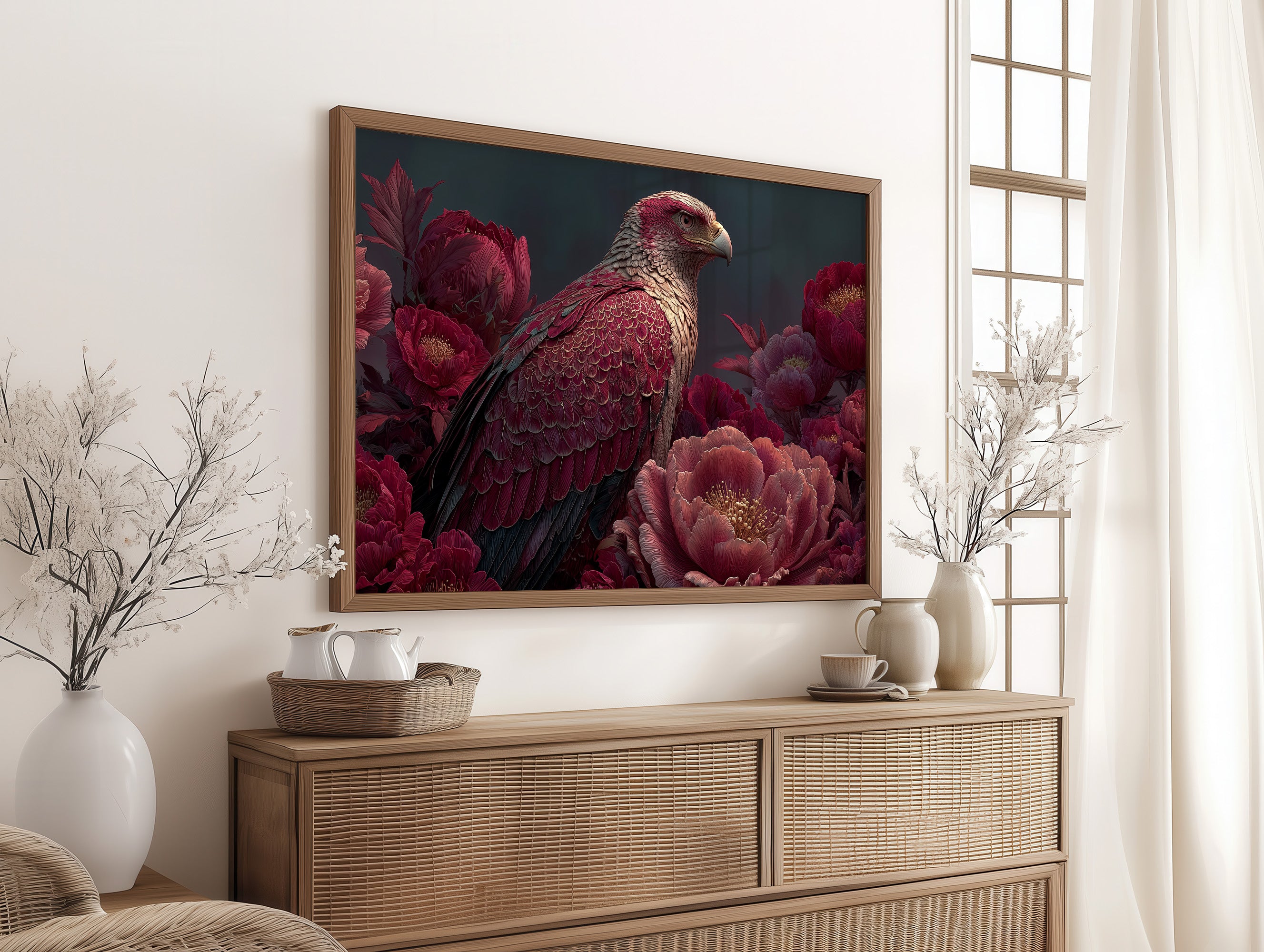Crimson Eagle Among the Peonies