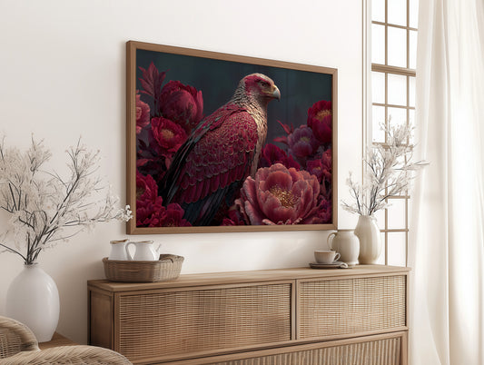 Crimson Eagle Among the Peonies