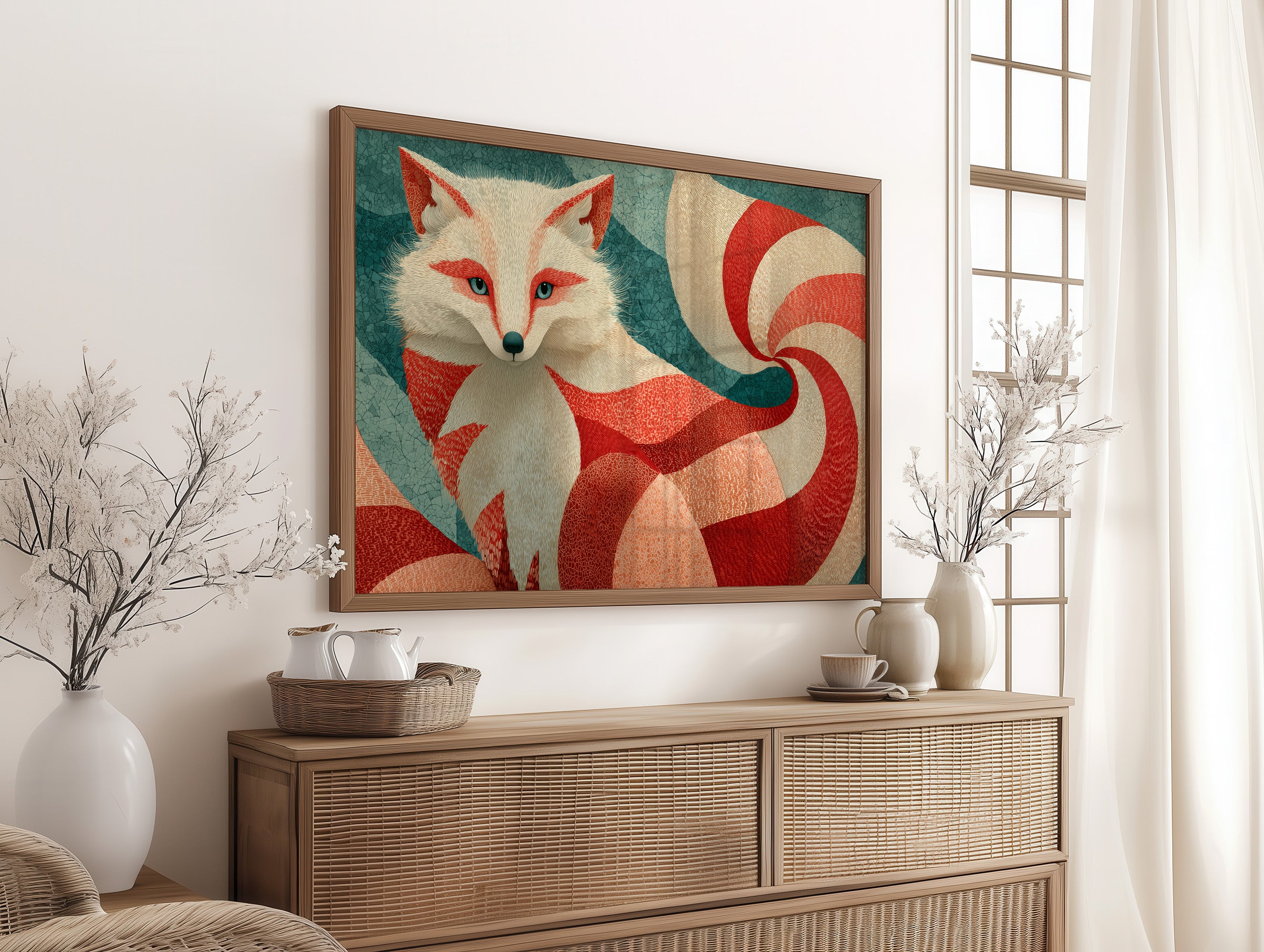 Nine-Tailed Fox in Crimson Swirls