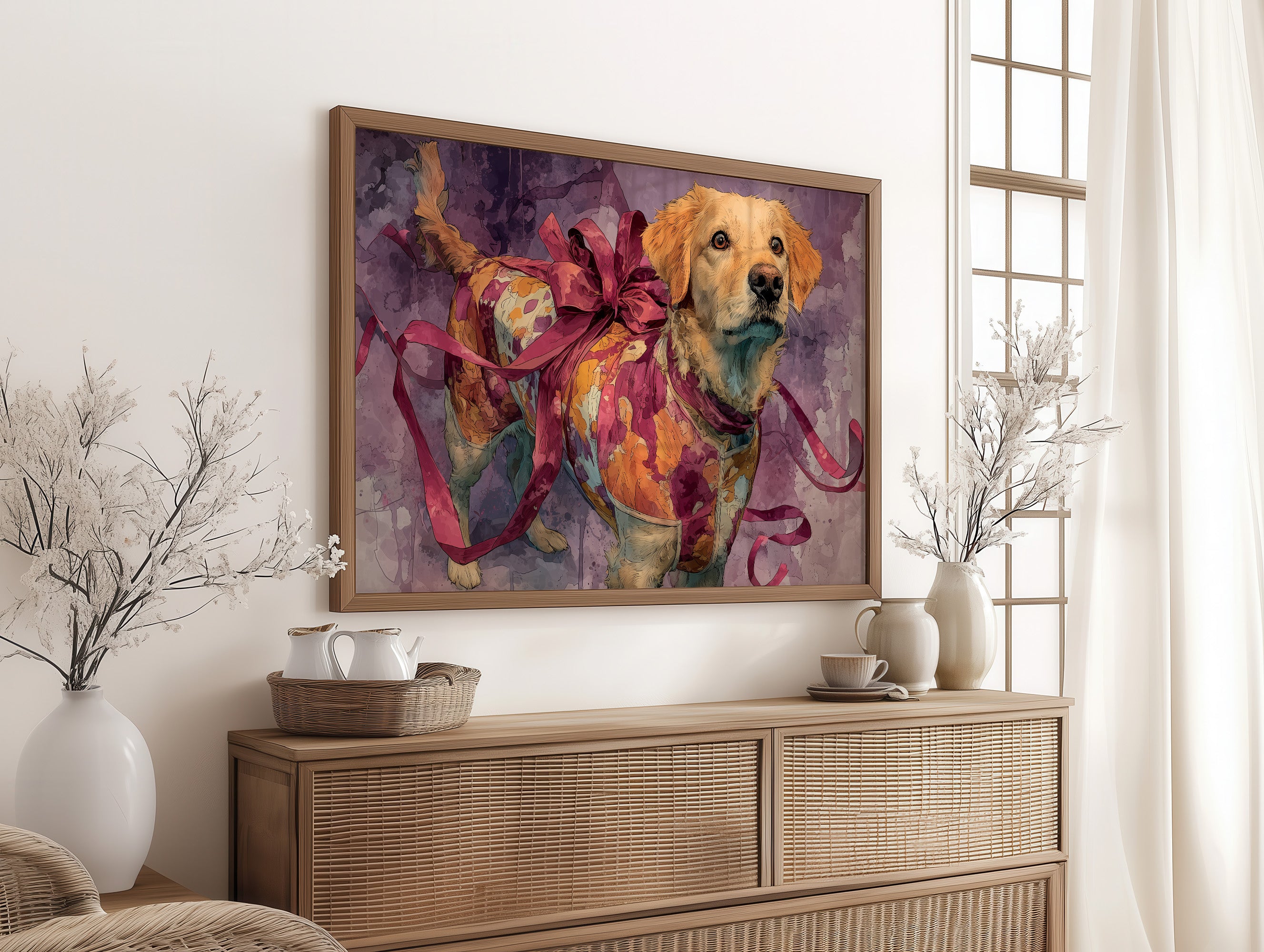 Golden Retriever Wrapped in Ribbon