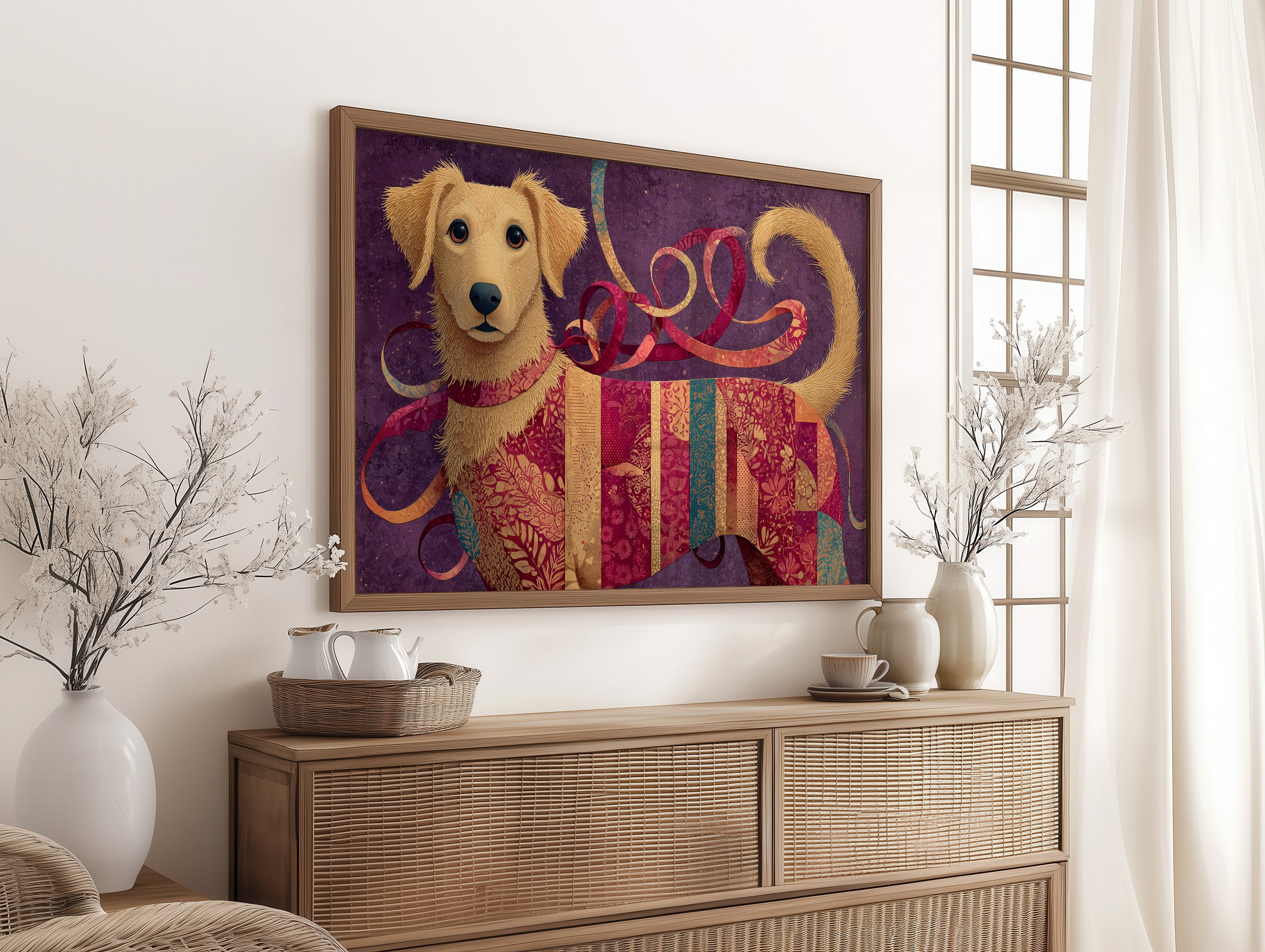 Golden Puppy in Patchwork Ribbons