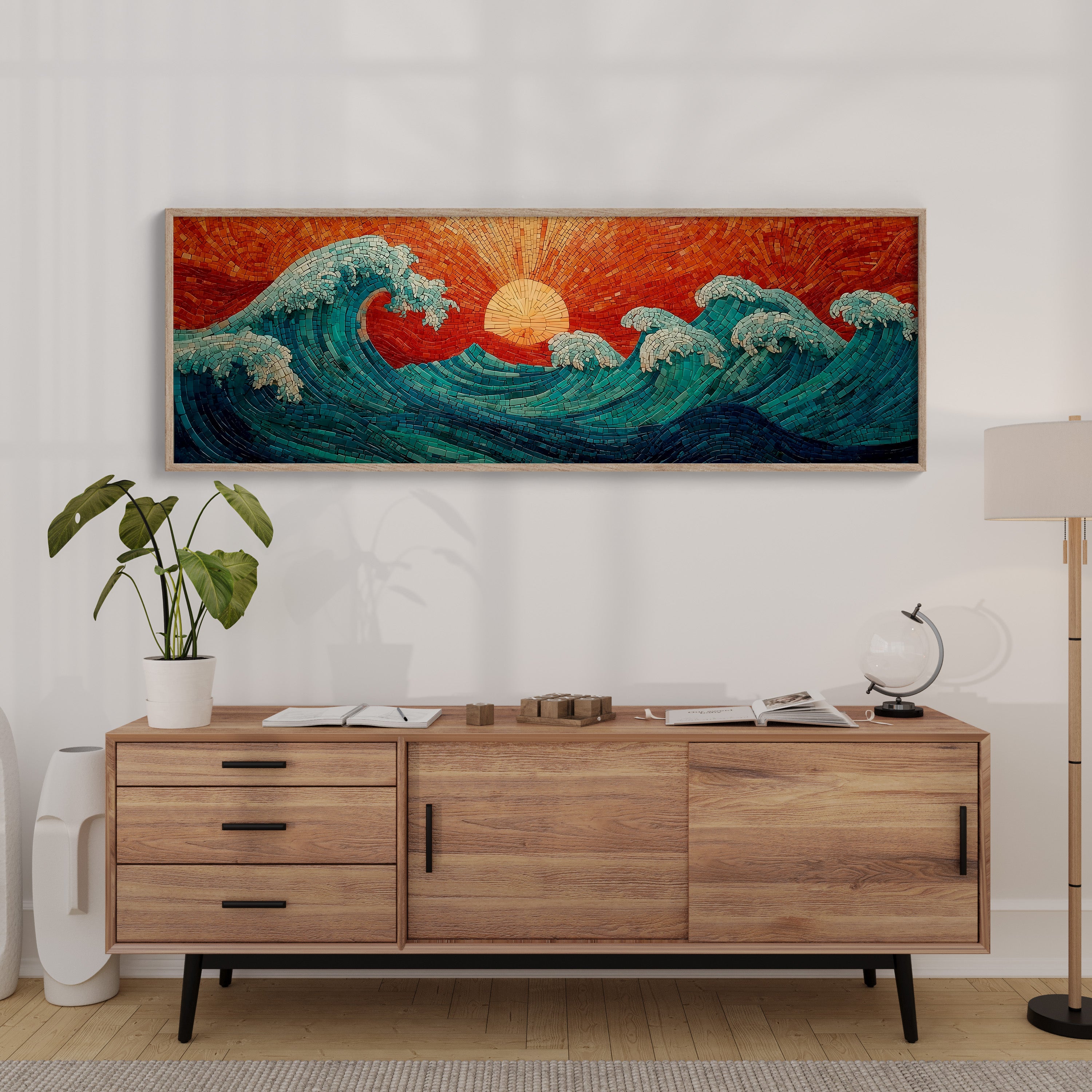 Crimson Sun Over Tiled Tides