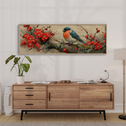 Songbird Among Scarlet Blossoms