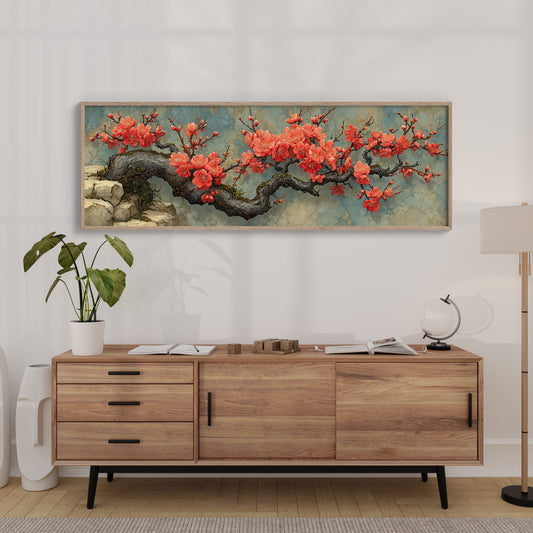 Crimson Blossoms On Ancient Wood