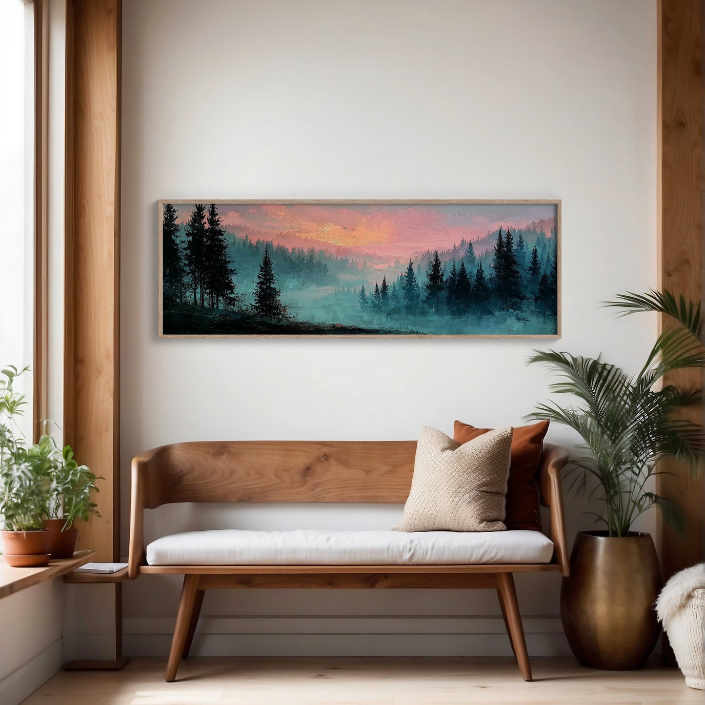 Misty Pines Beneath A Blushing Sky