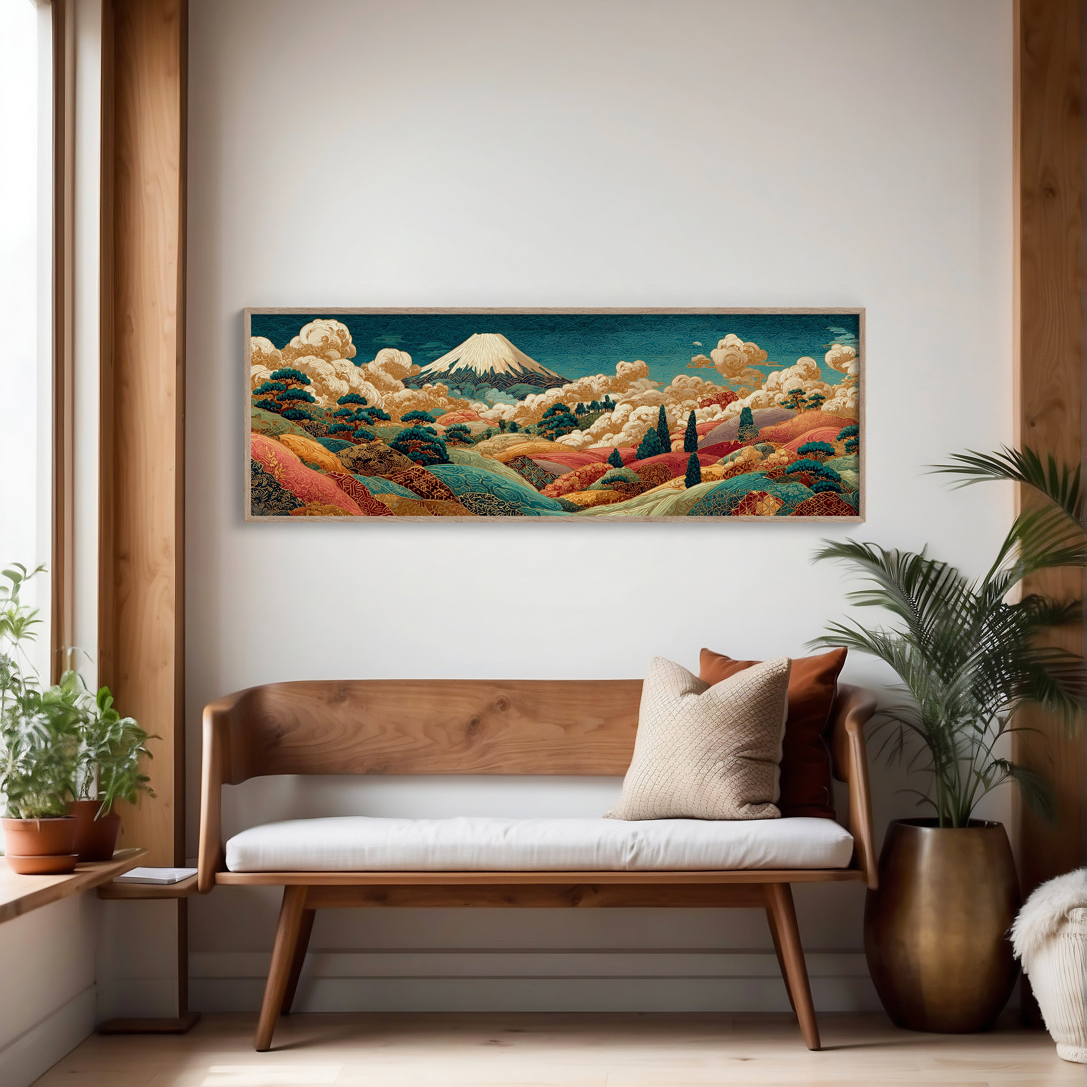 Golden Mount Fuji Over Patterned Hills