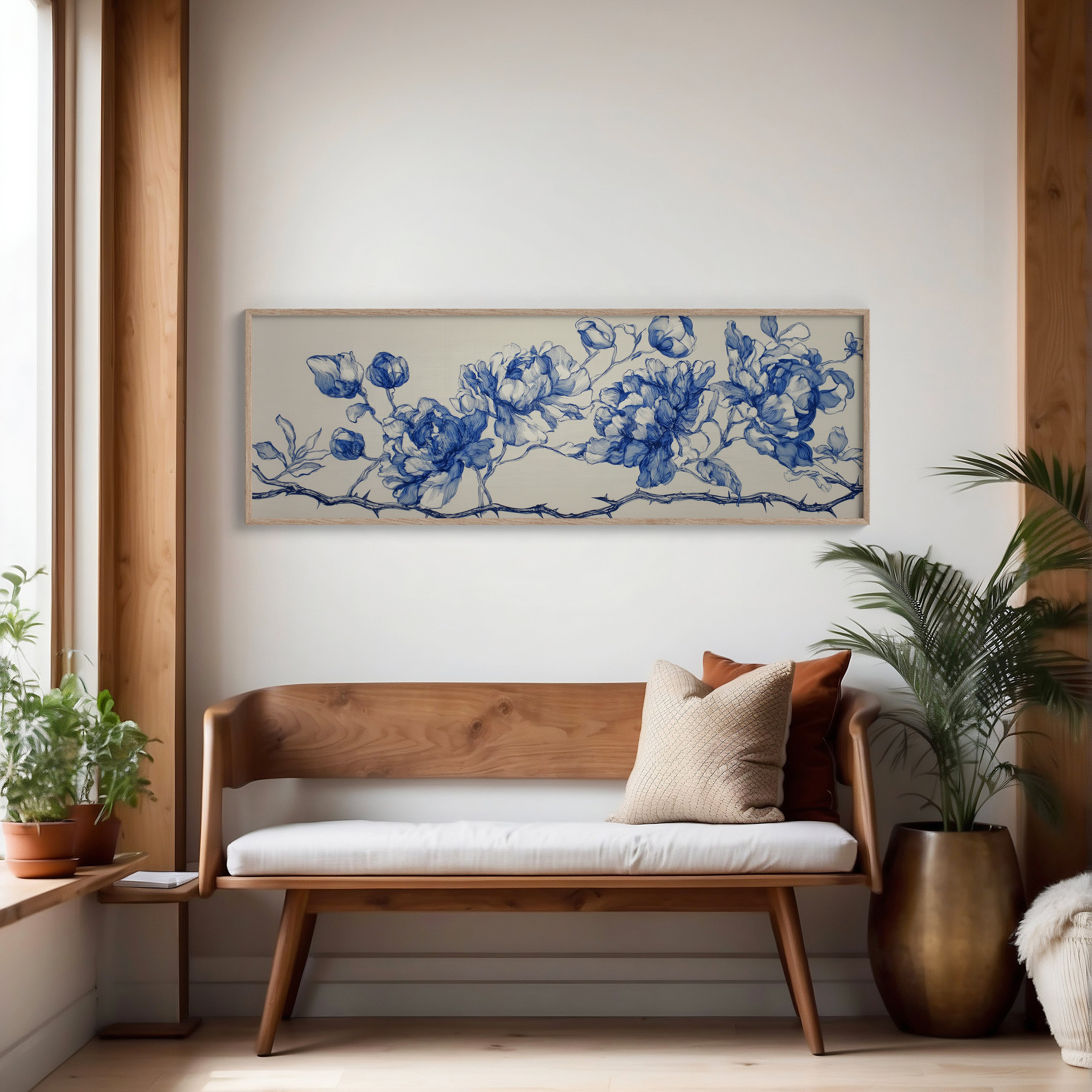 Blue Ink Roses On Thorned Vine