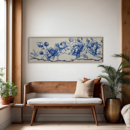 Blue Ink Roses On Thorned Vine