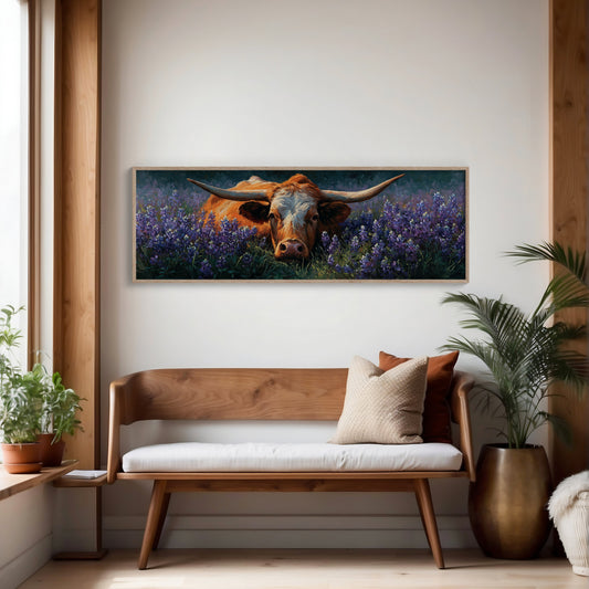 Texas Longhorn Resting in Bluebonnet Meadow
