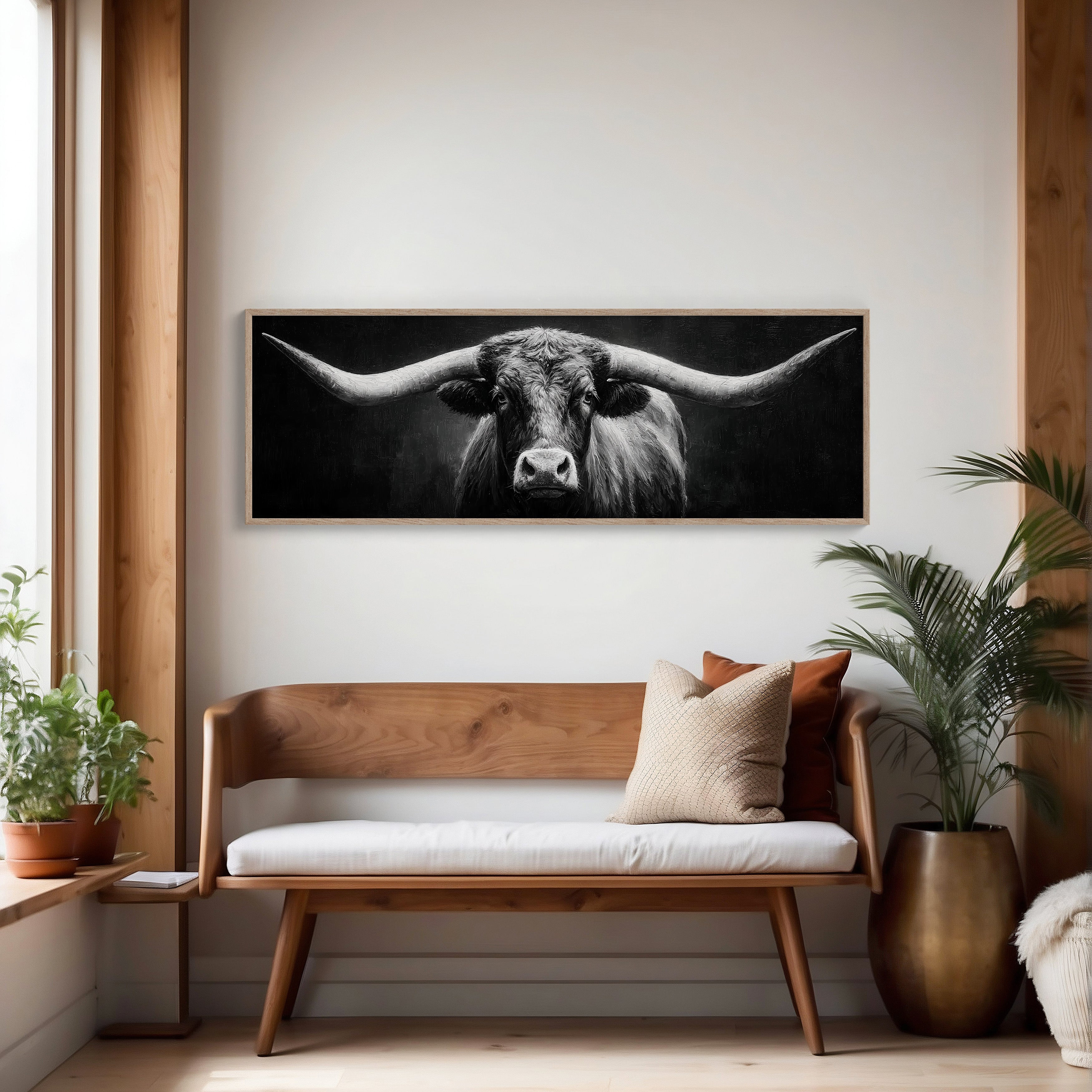 Black and White Longhorn Portrait on Dark Background