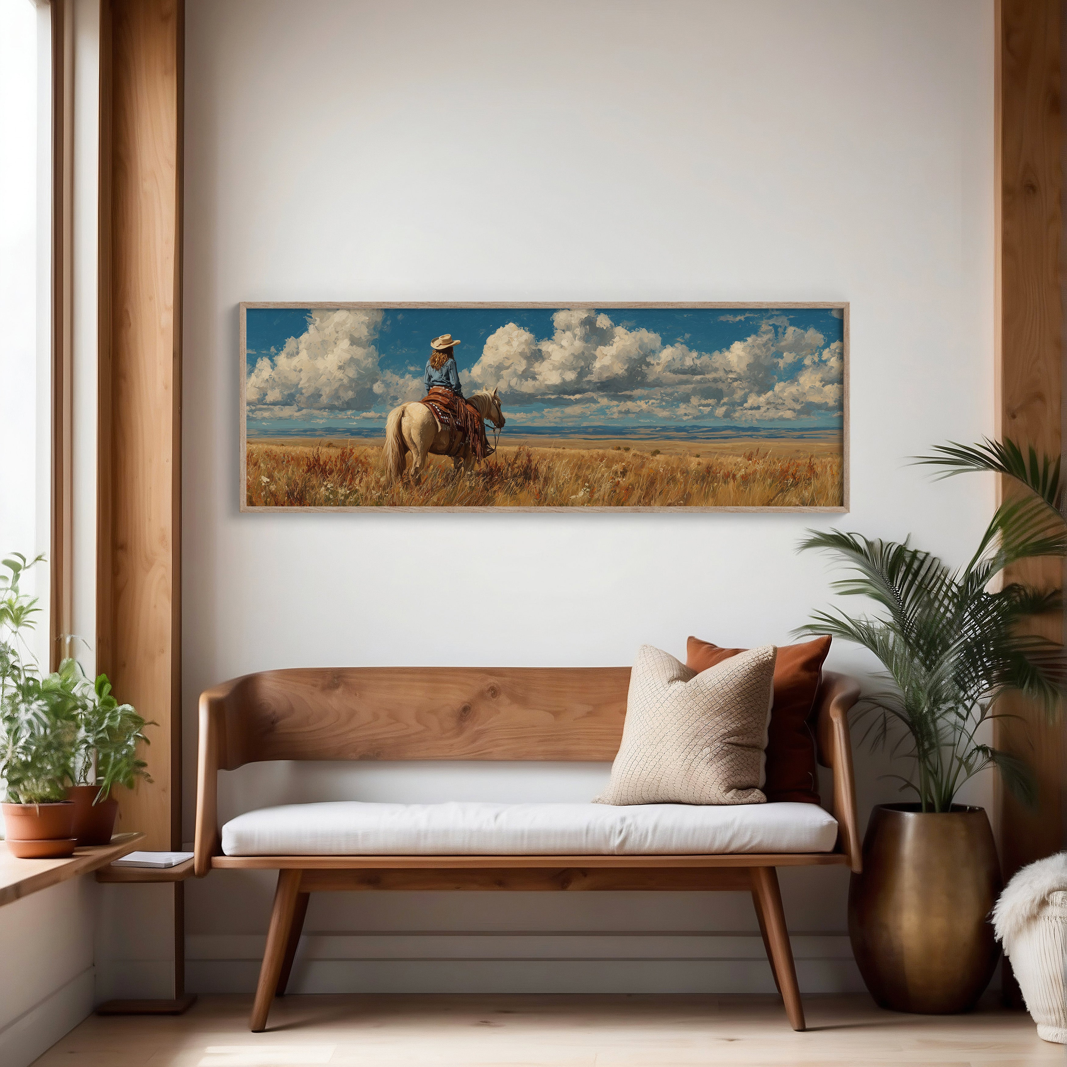 Cowgirl on Horse Overlooking Wide Western Prairie