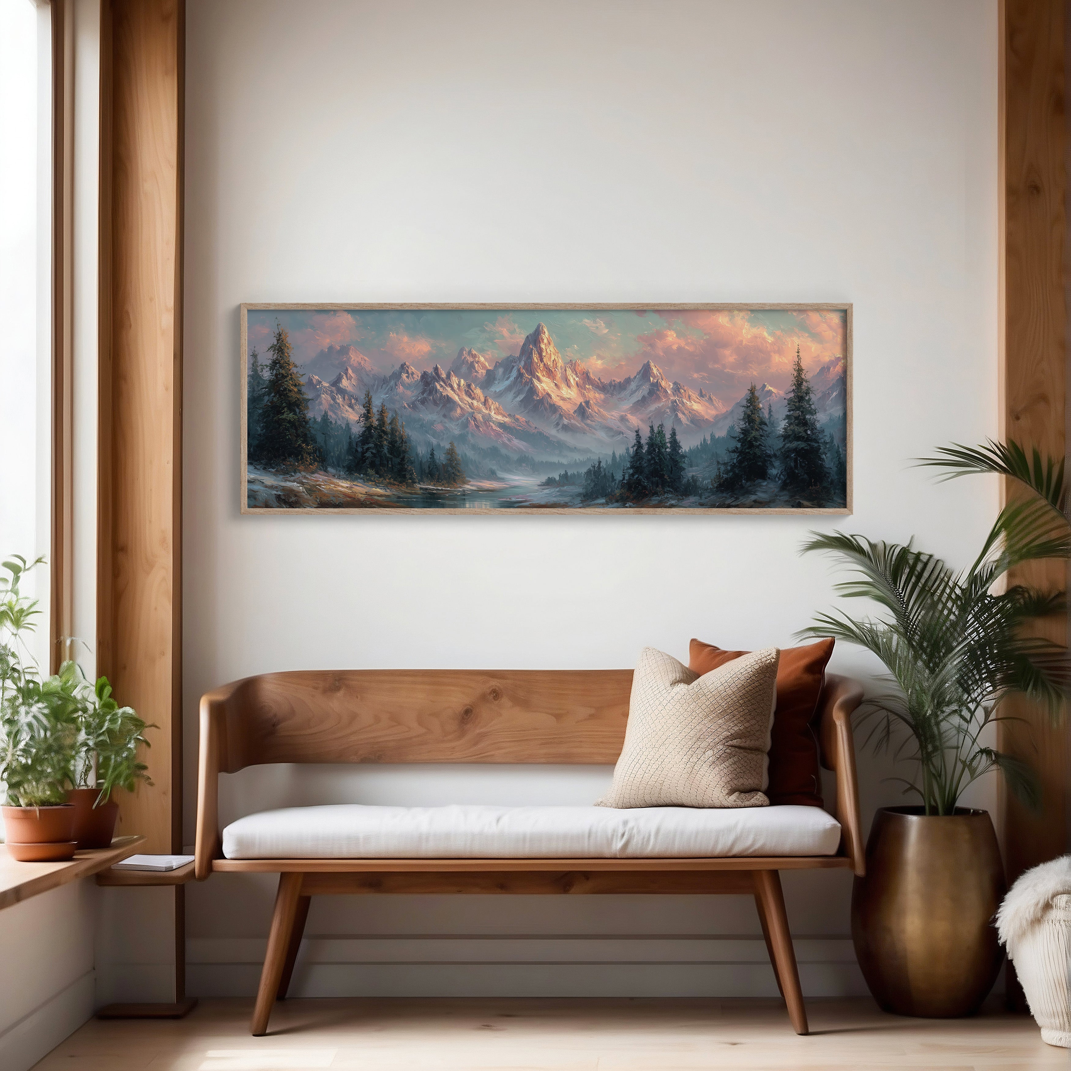 Sunlit Mountain Peaks at Dawn Over Frosted Forest